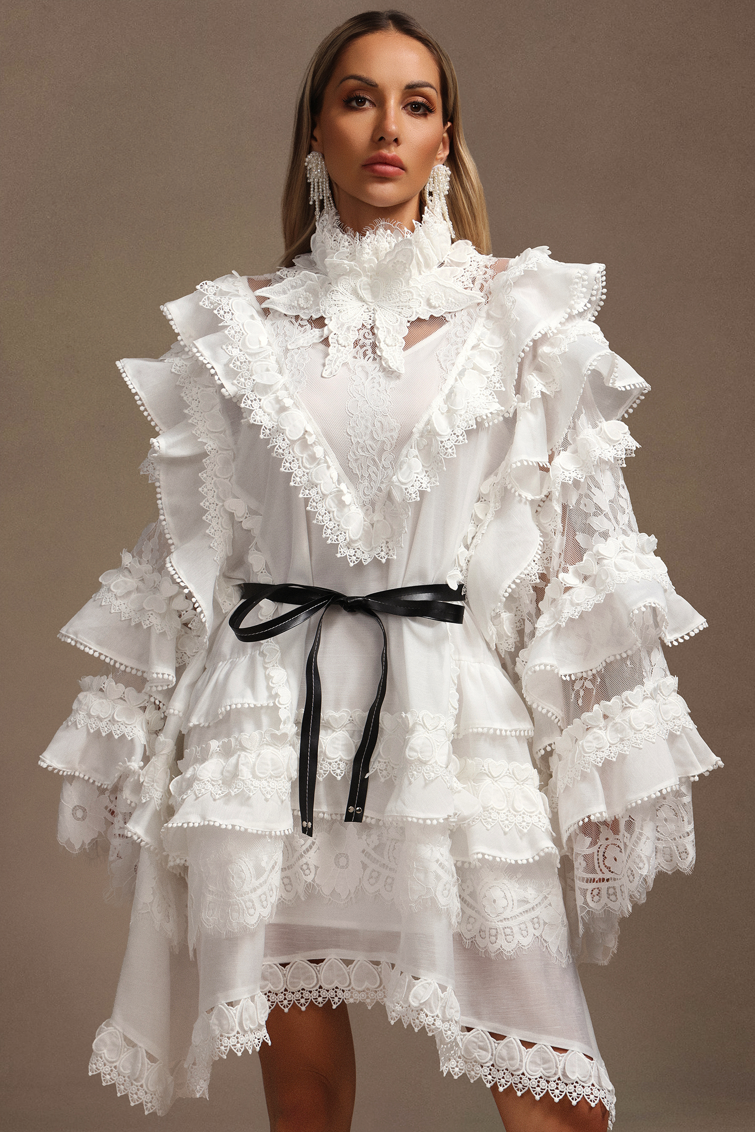 Devere Long Sleeves Layered Folds Lace Mini Dress