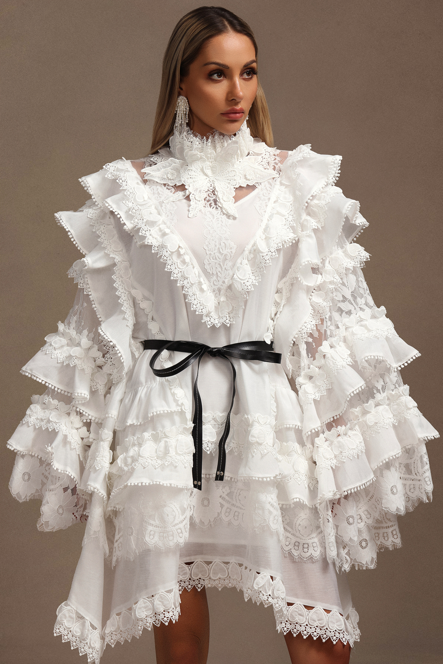 Devere Long Sleeves Layered Folds Lace Mini Dress