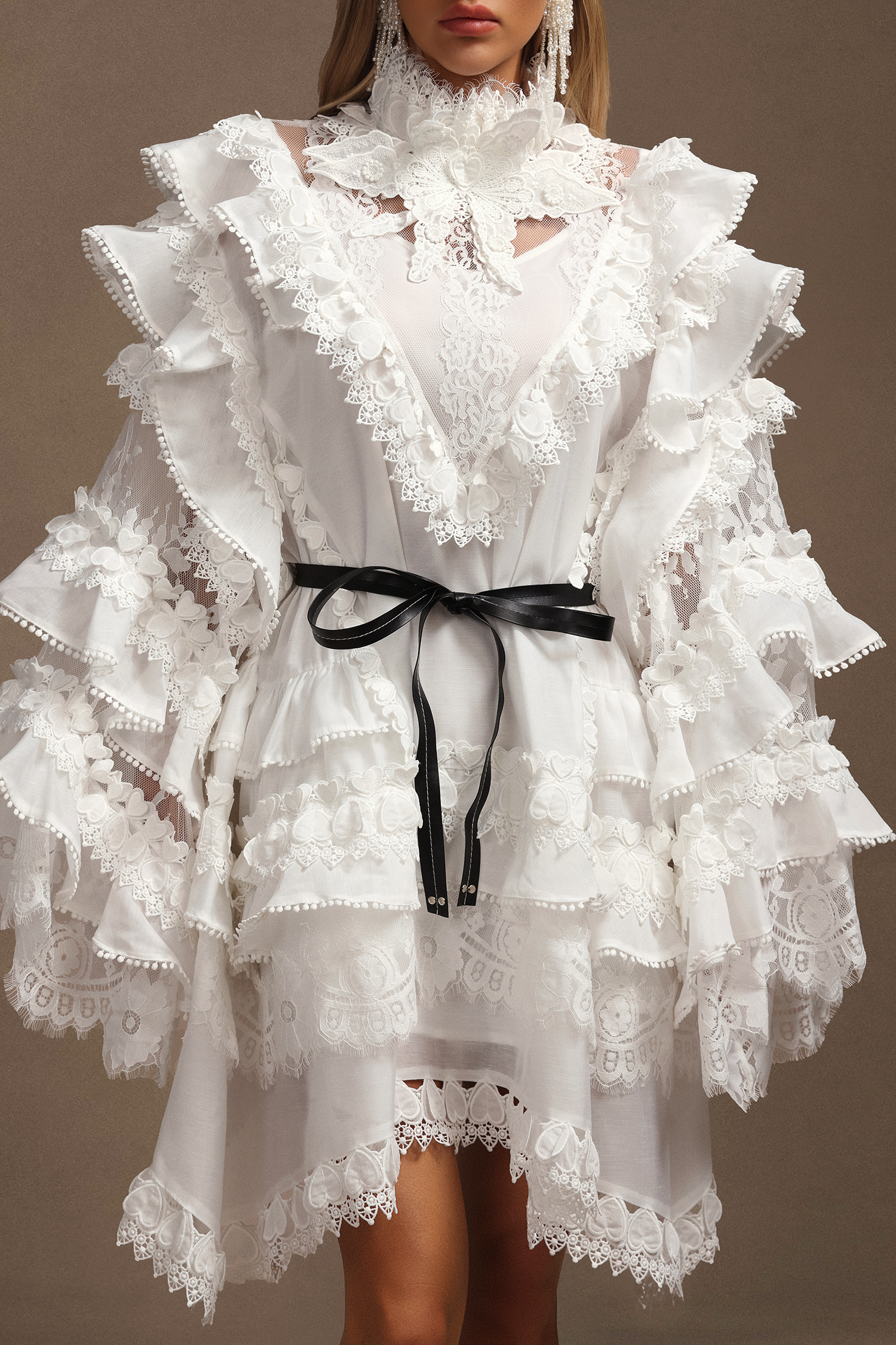 Devere Long Sleeves Layered Folds Lace Mini Dress