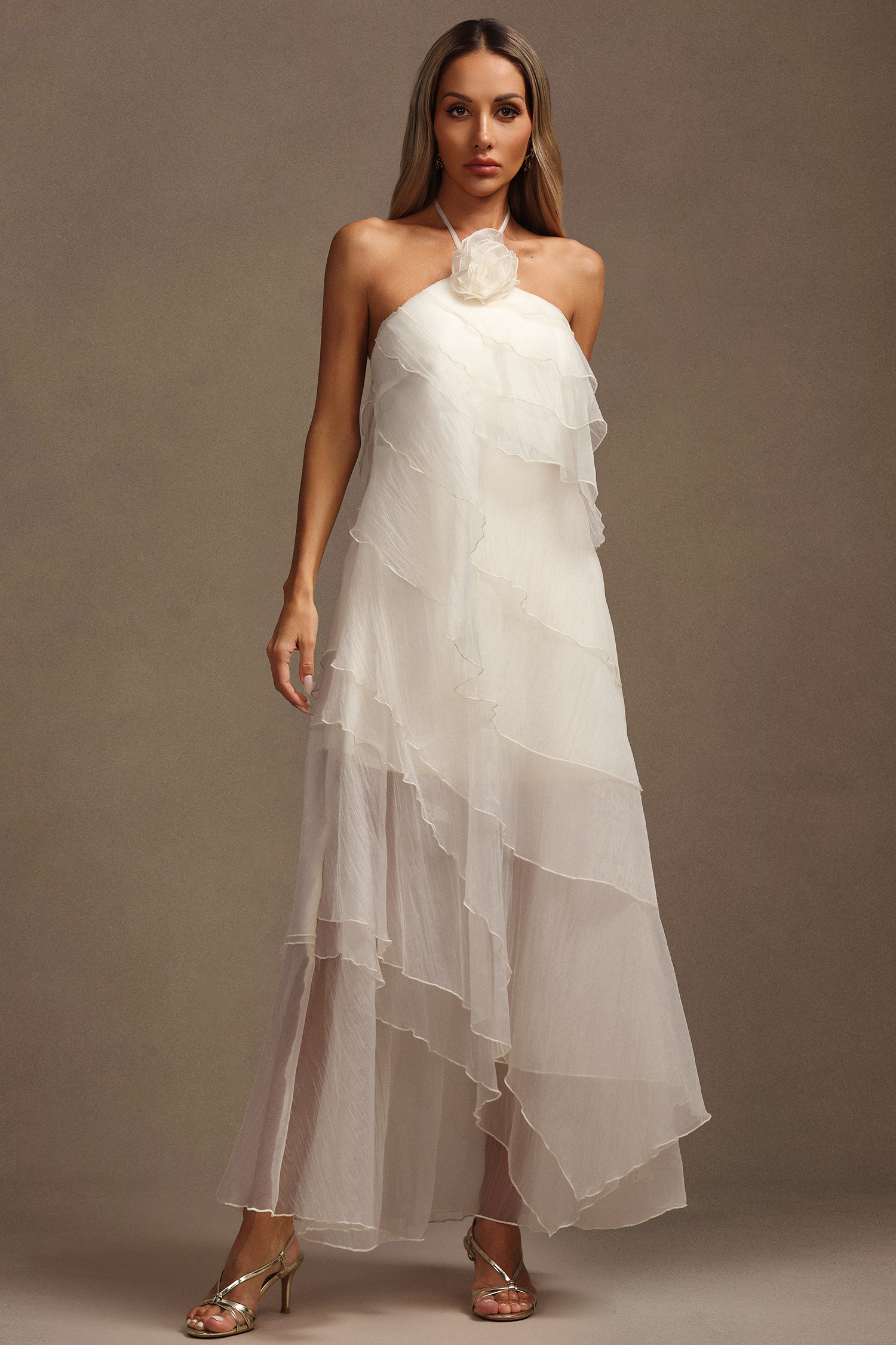 Elsa Sleeveless Flower Folds Layered Maxi Dress