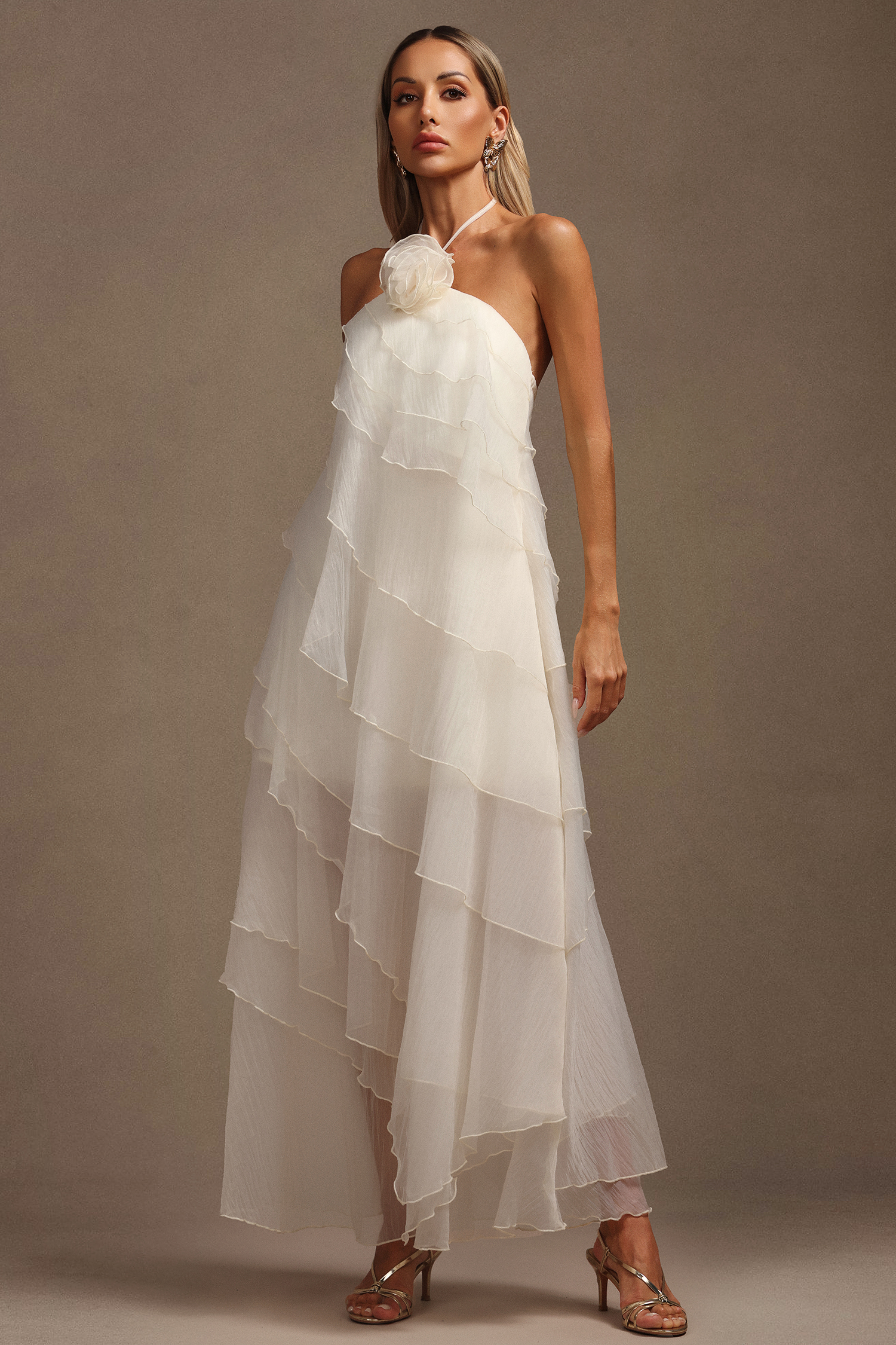Elsa Sleeveless Flower Folds Layered Maxi Dress
