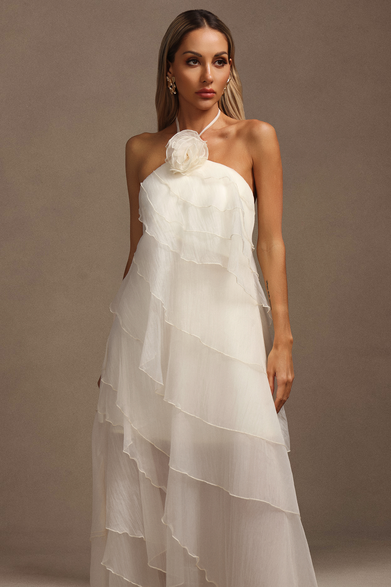 Elsa Sleeveless Flower Folds Layered Maxi Dress