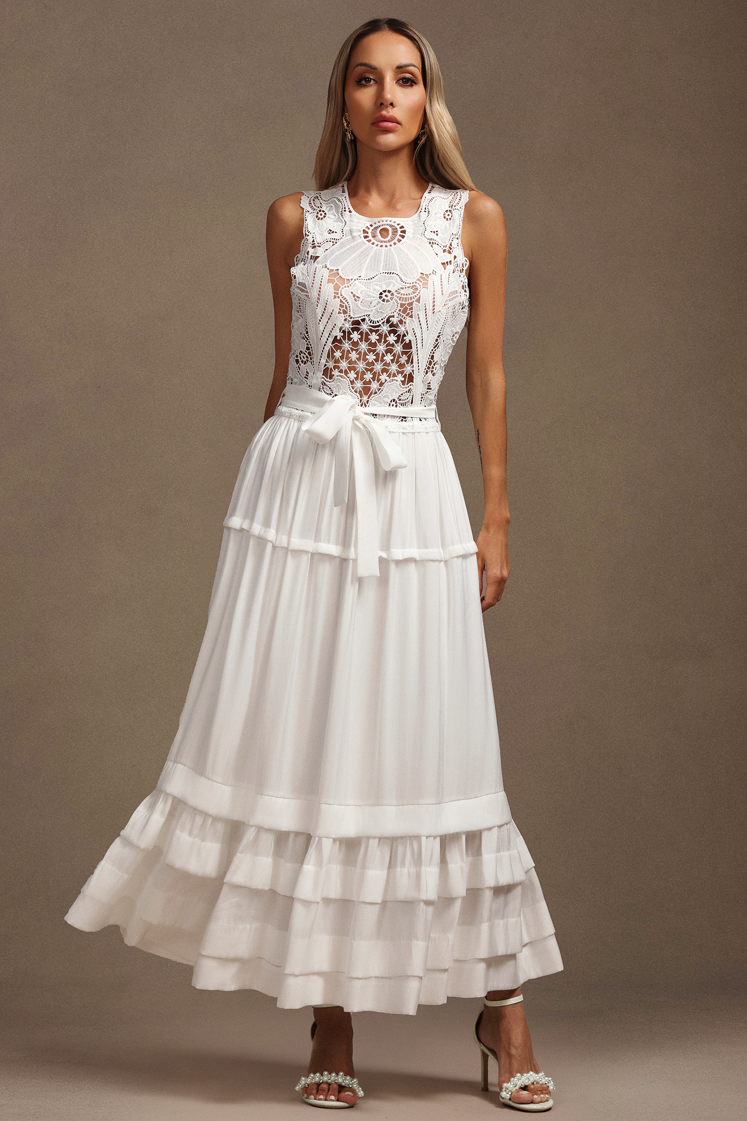 Nona Round Neck Sleeveless Hollow Out Lace Maxi Dress