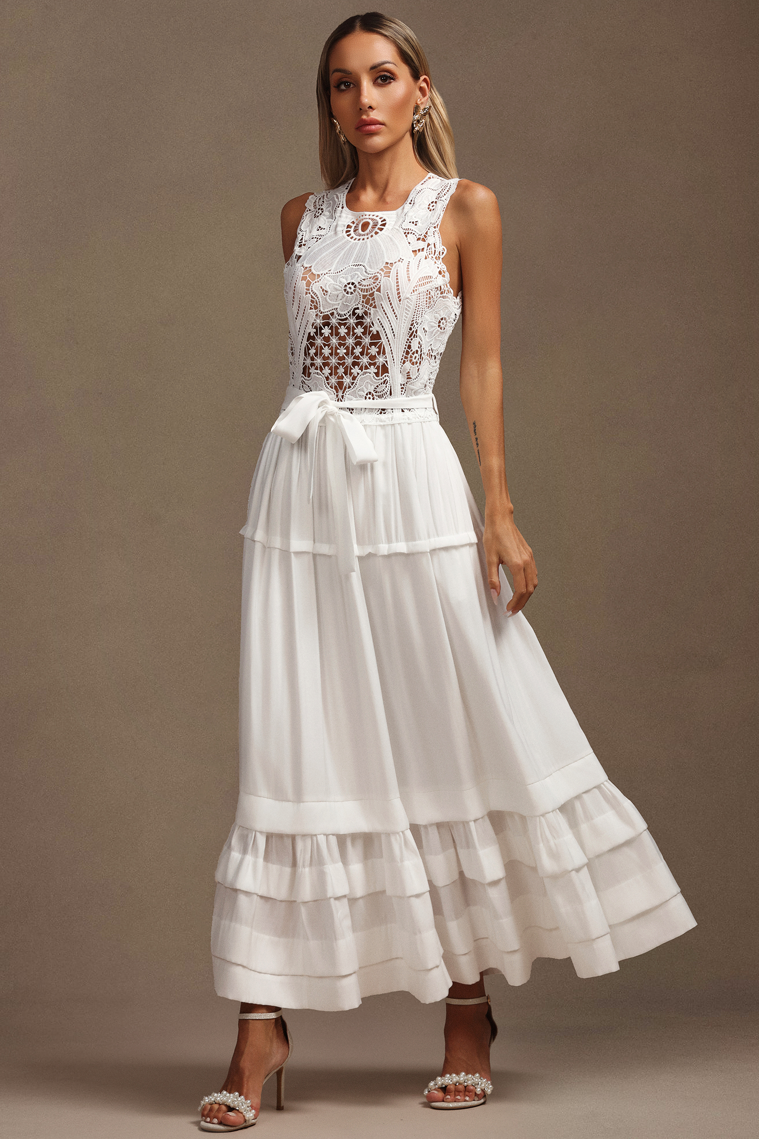 Nona Round Neck Sleeveless Hollow Out Lace Maxi Dress