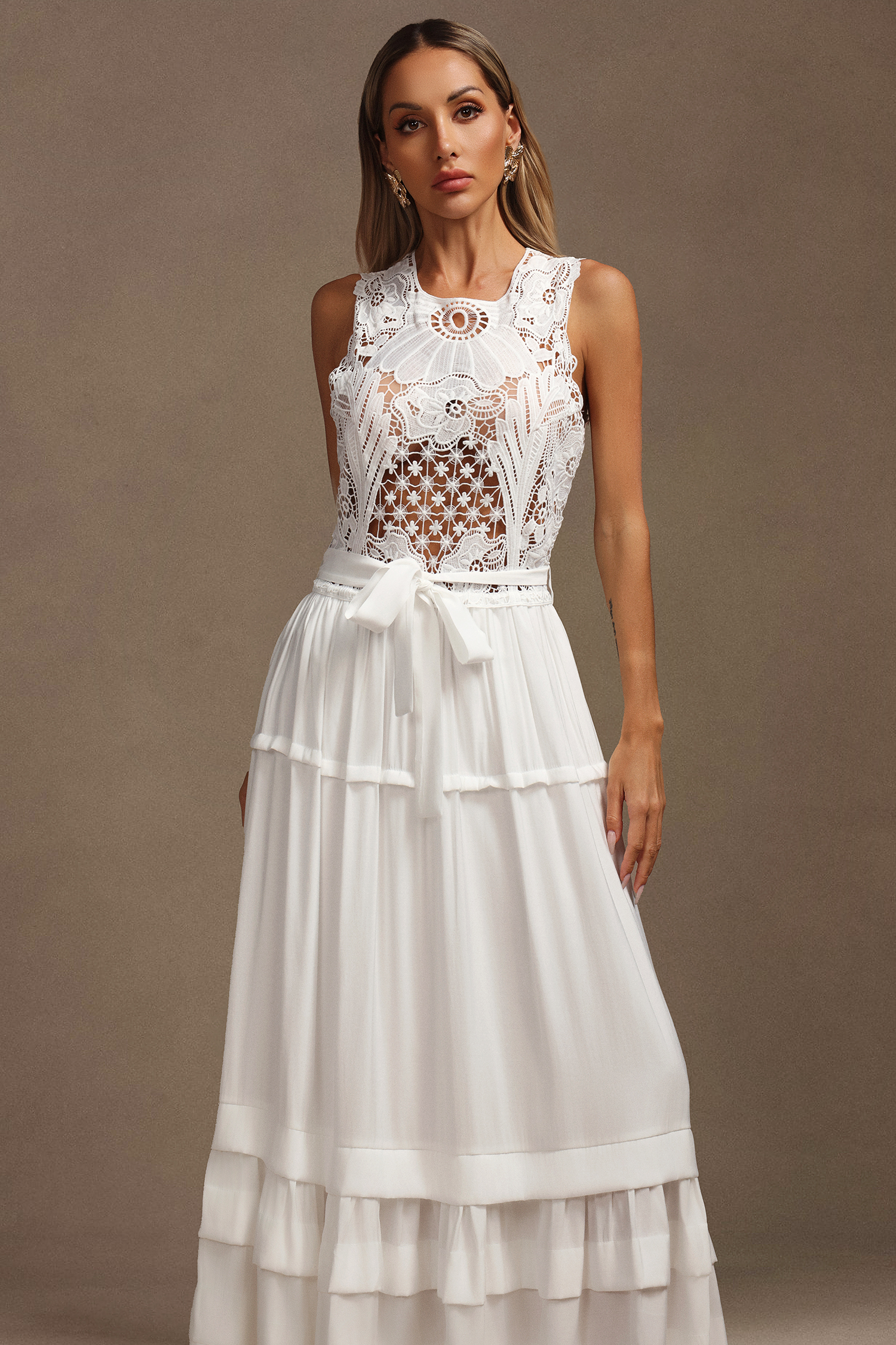 Nona Round Neck Sleeveless Hollow Out Lace Maxi Dress