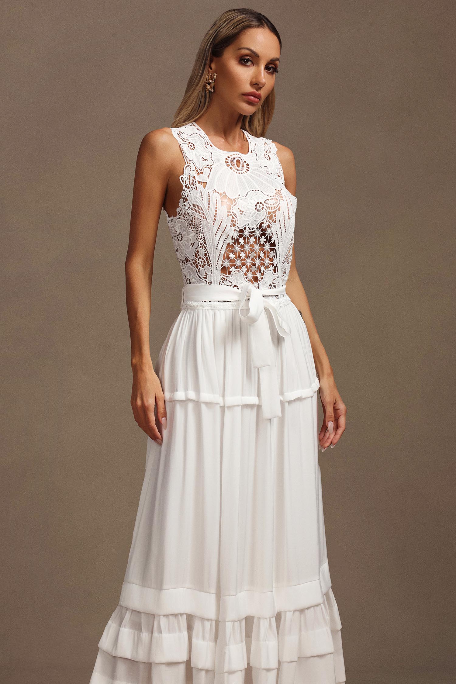 Nona Round Neck Sleeveless Hollow Out Lace Maxi Dress