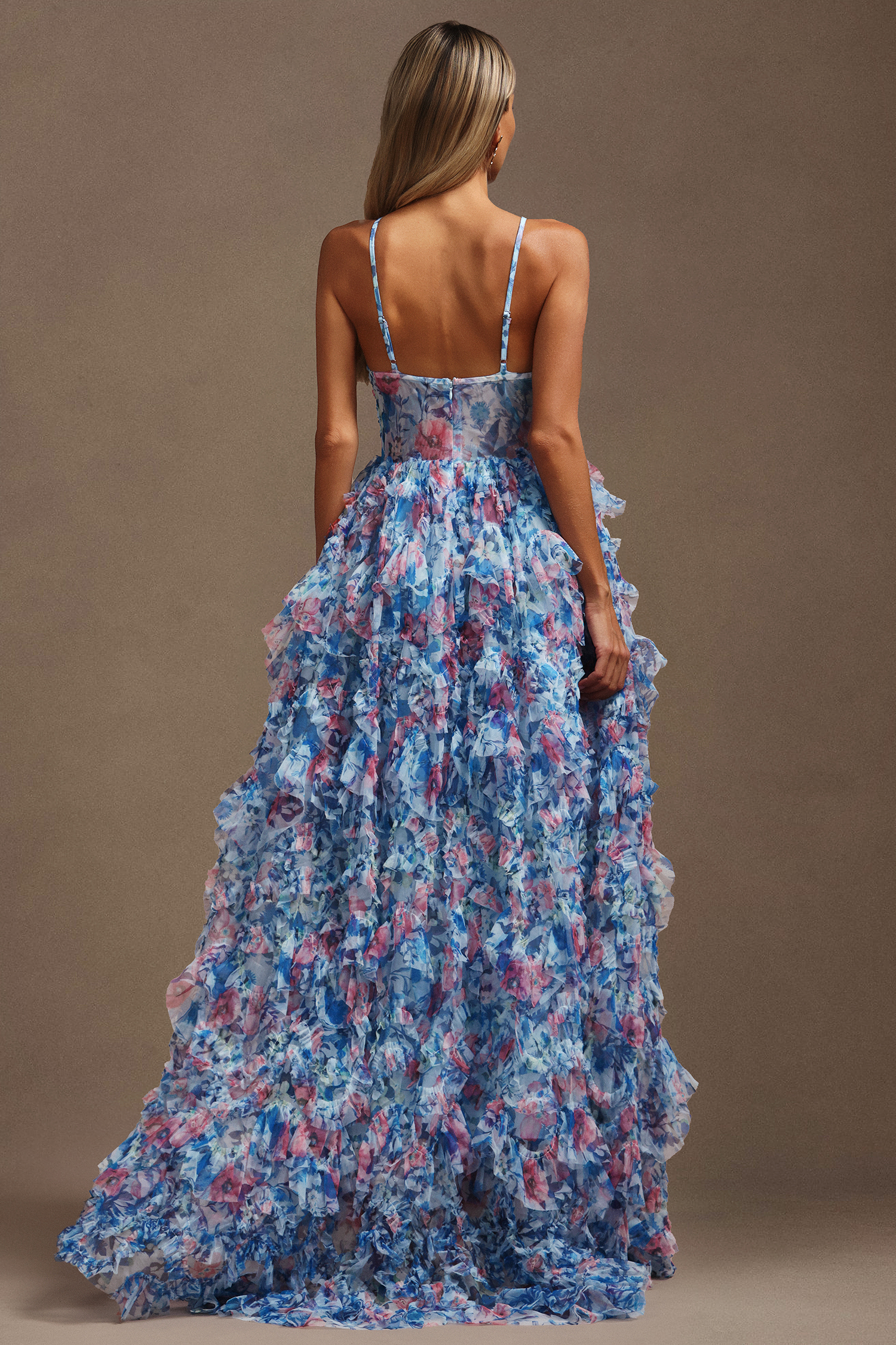 Kira Sleeveless Flower Printed Hollow Out Folds Maxi Dress