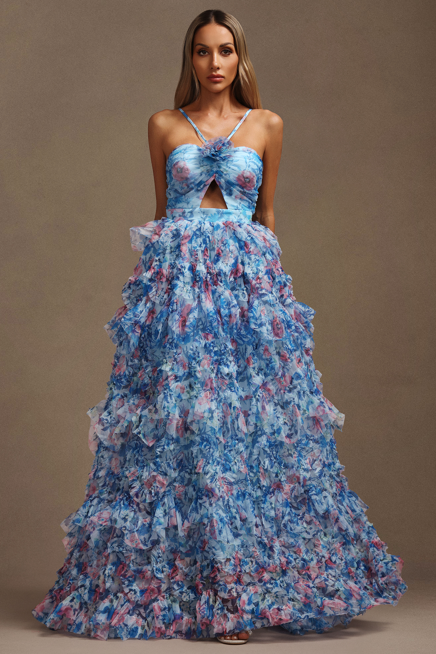 Kira Sleeveless Flower Printed Hollow Out Folds Maxi Dress