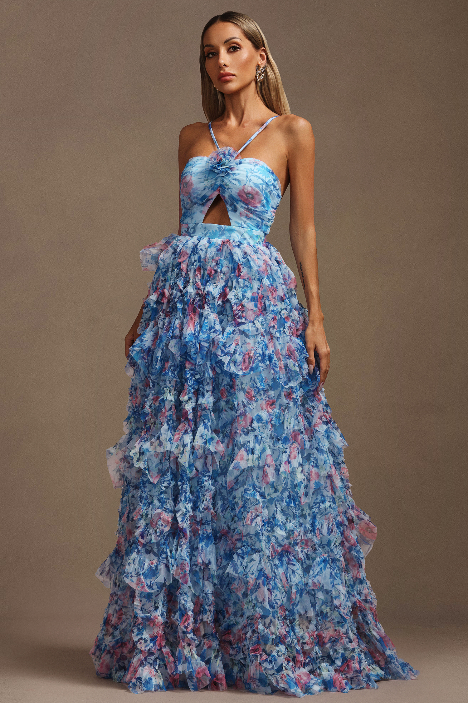 Kira Sleeveless Flower Printed Hollow Out Folds Maxi Dress