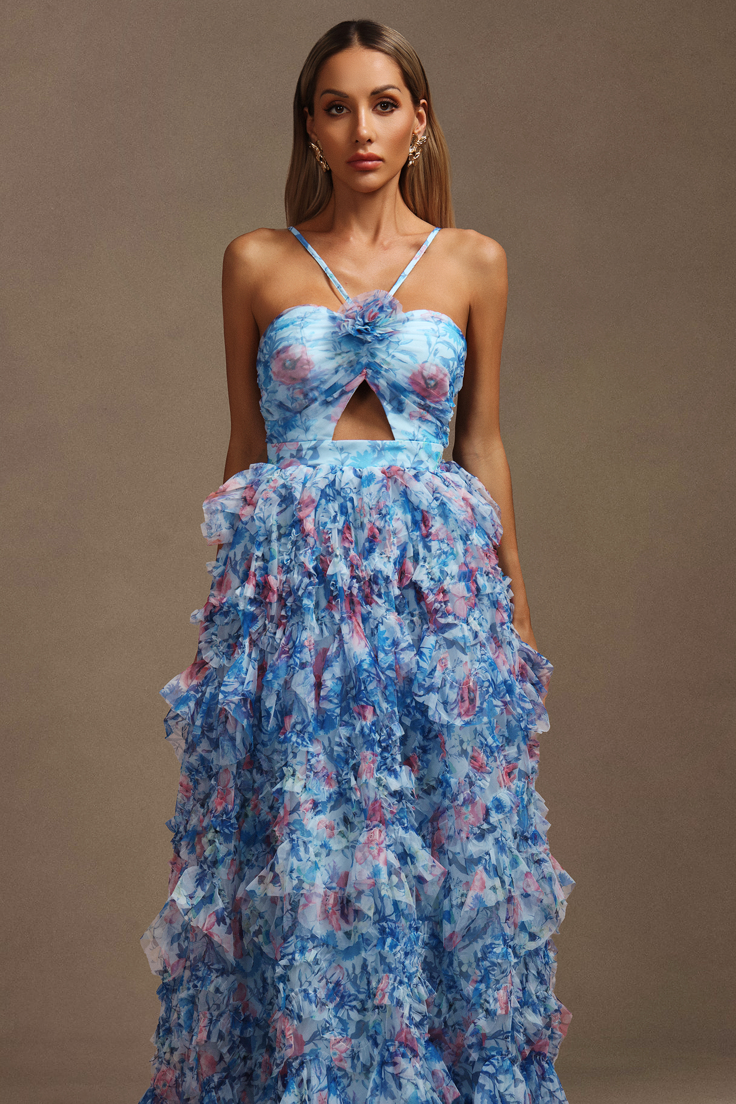 Kira Sleeveless Flower Printed Hollow Out Folds Maxi Dress