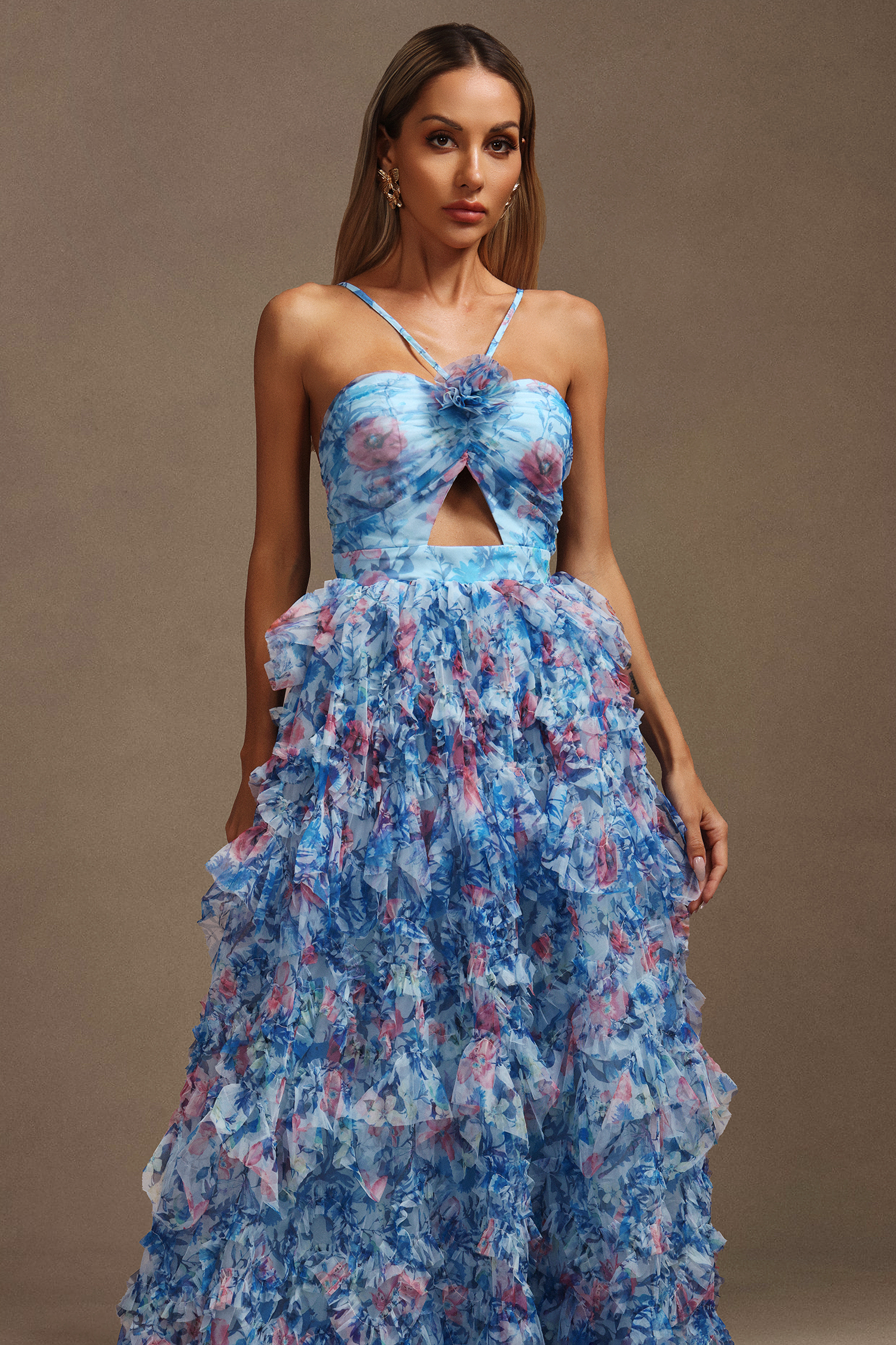 Kira Sleeveless Flower Printed Hollow Out Folds Maxi Dress