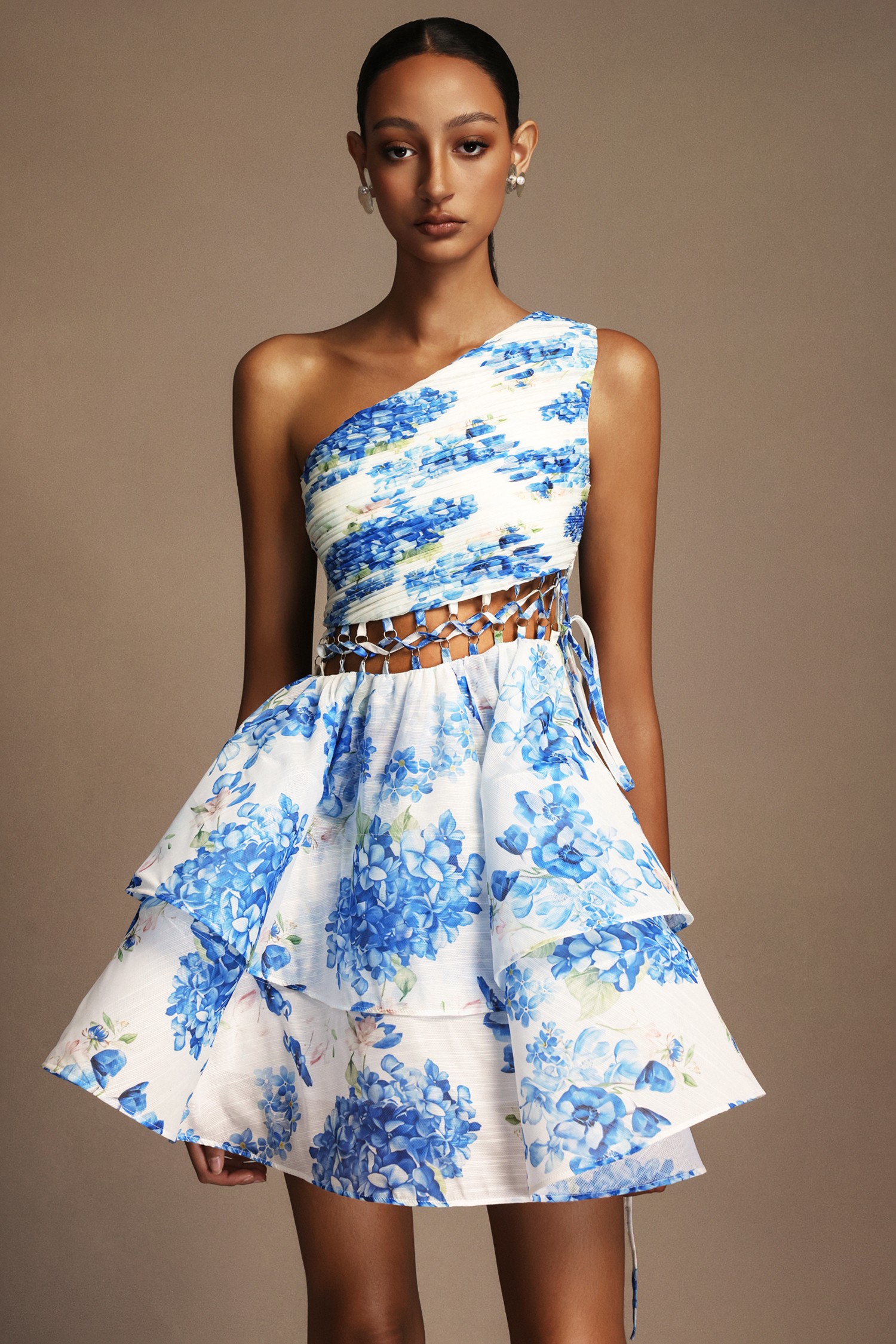 Rilia Sleeveless Hollow Out Floral Printed Puff Mini Dress
