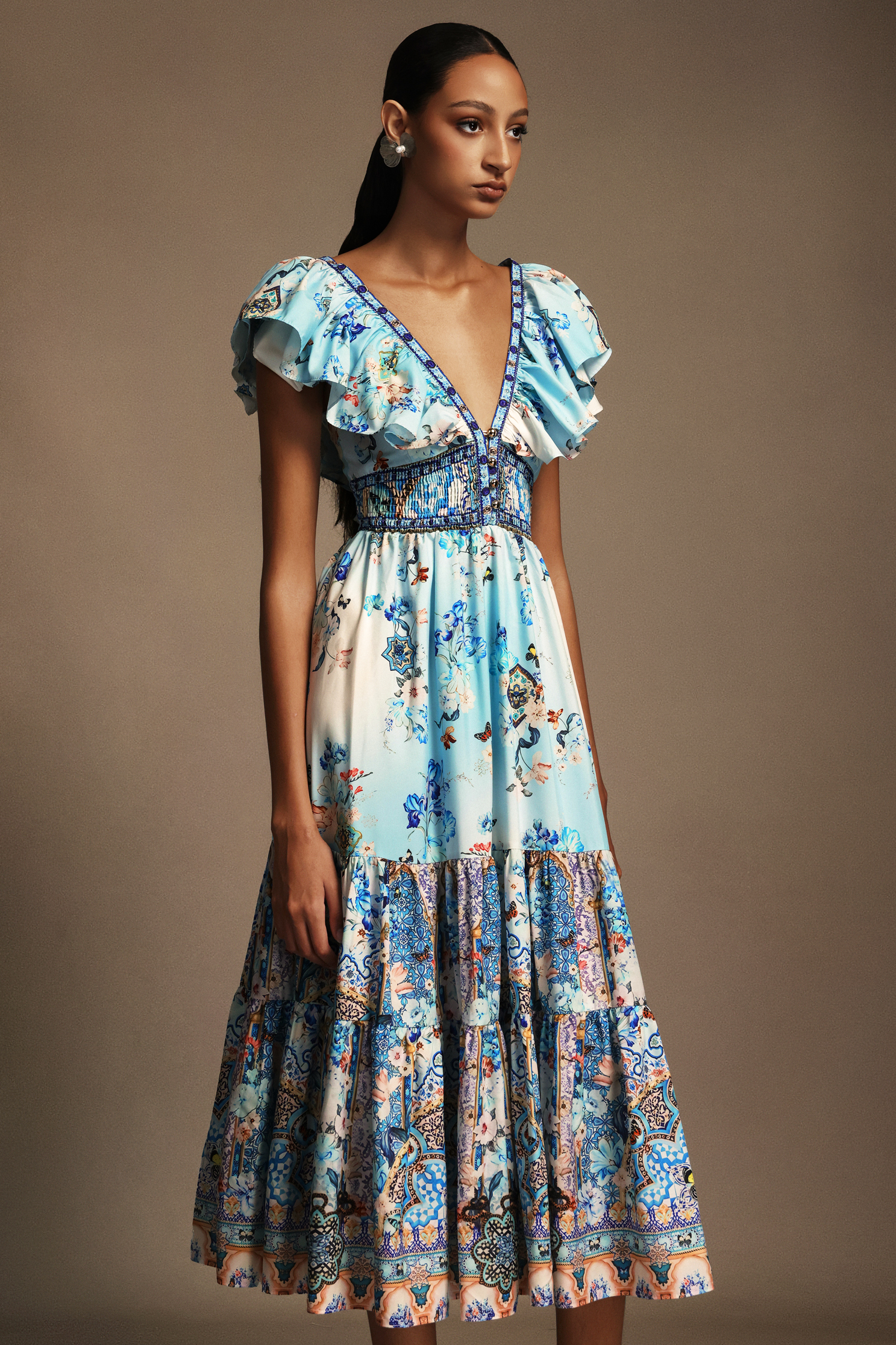 Quinny Sleeveless V-Neck Backless Printed Midi Dress