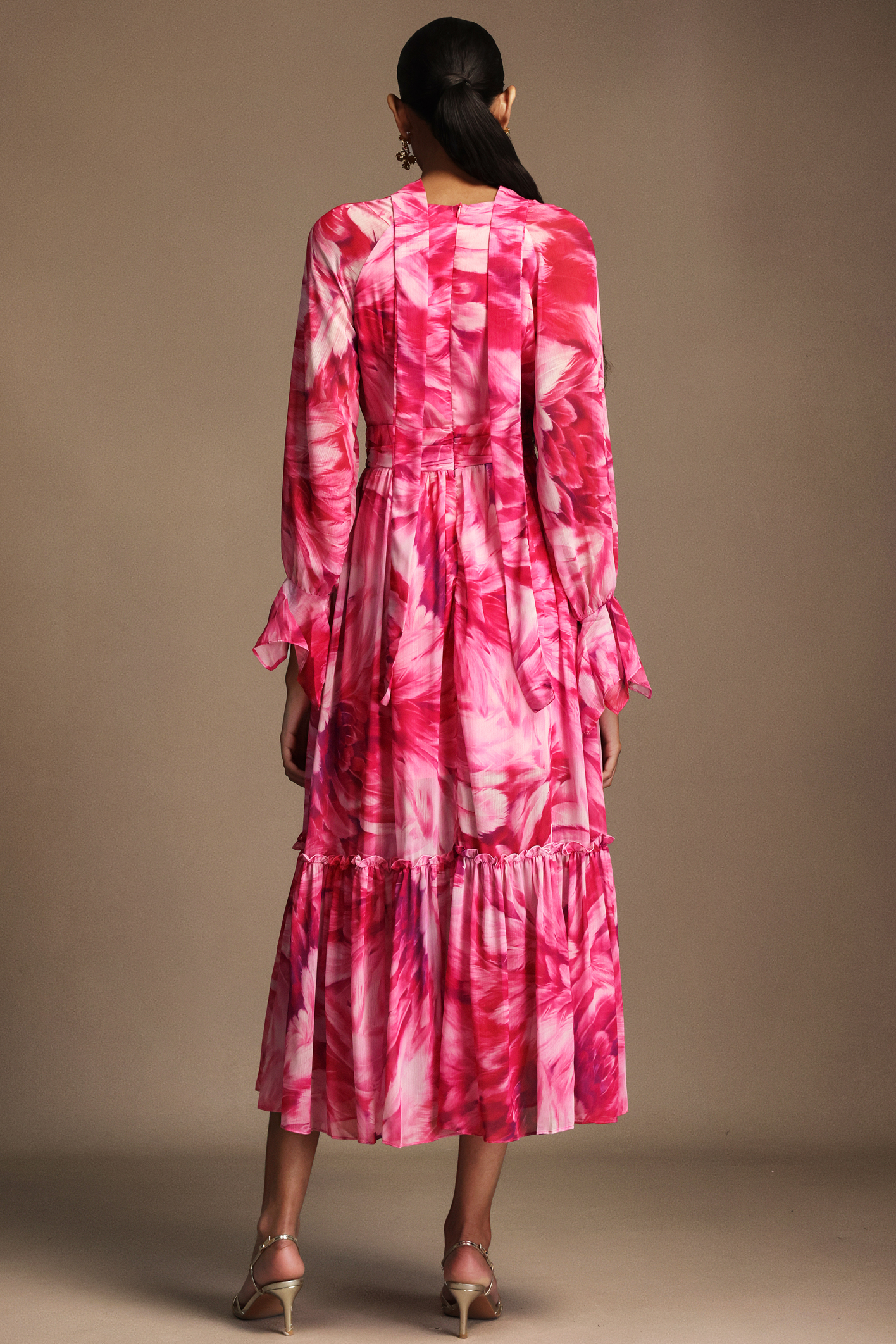 Frida Deep-V Long Sleeves Floral Printed Streamer Maxi Dress