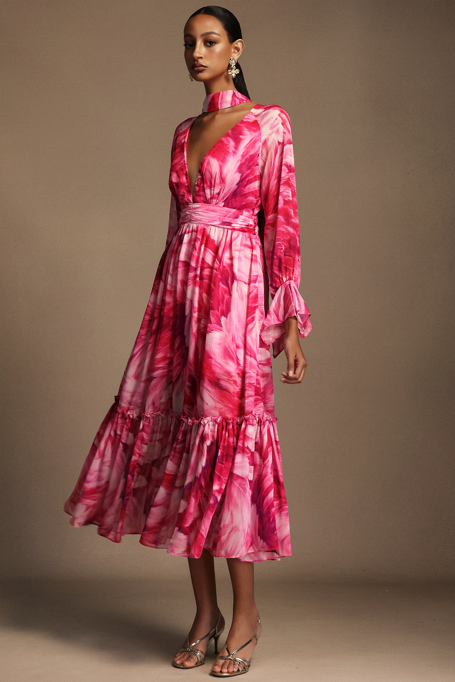 Frida Deep-V Long Sleeves Floral Printed Streamer Maxi Dress