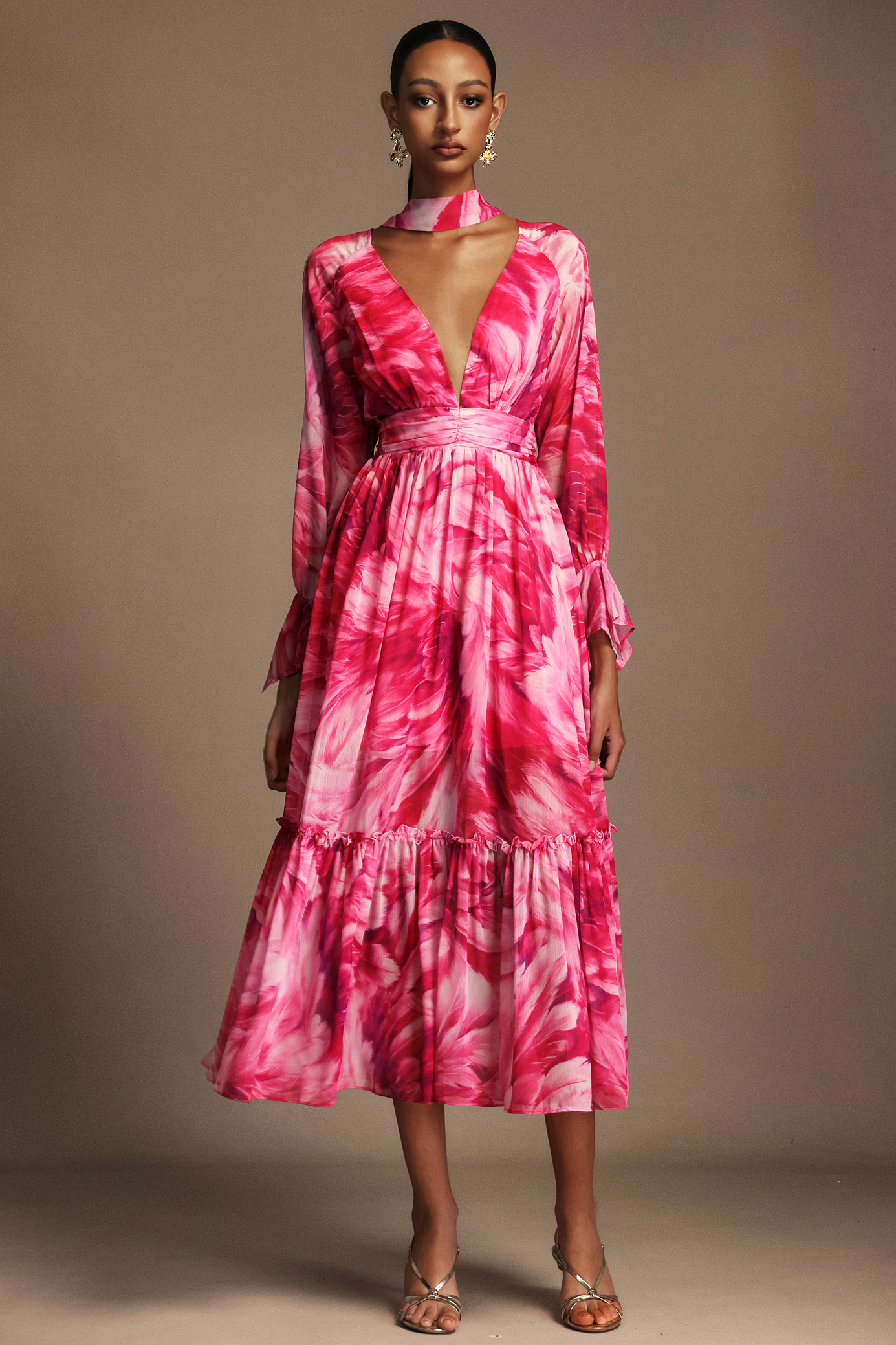 Frida Deep-V Long Sleeves Floral Printed Streamer Maxi Dress