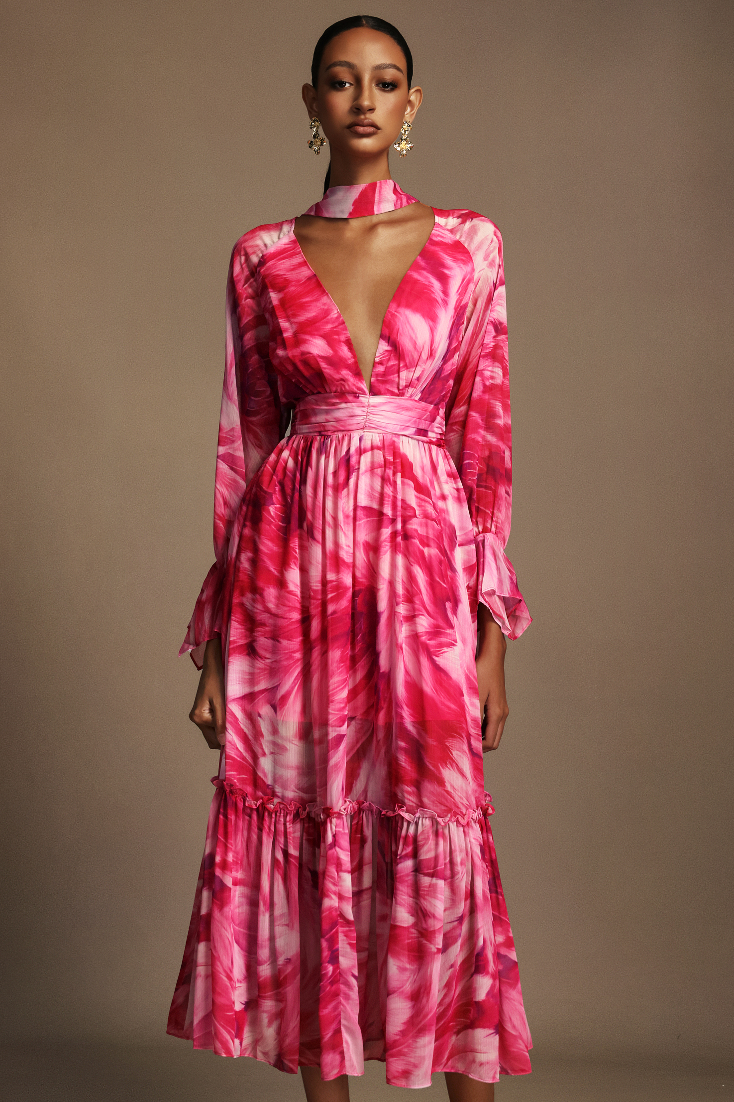Frida Deep-V Long Sleeves Floral Printed Streamer Maxi Dress