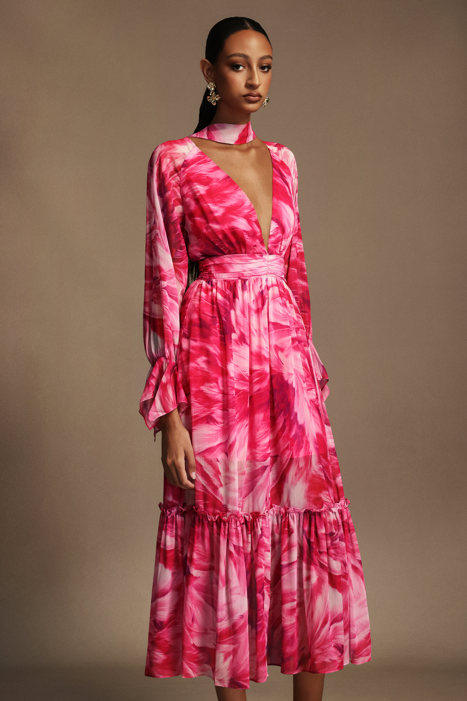 Frida Deep-V Long Sleeves Floral Printed Streamer Maxi Dress