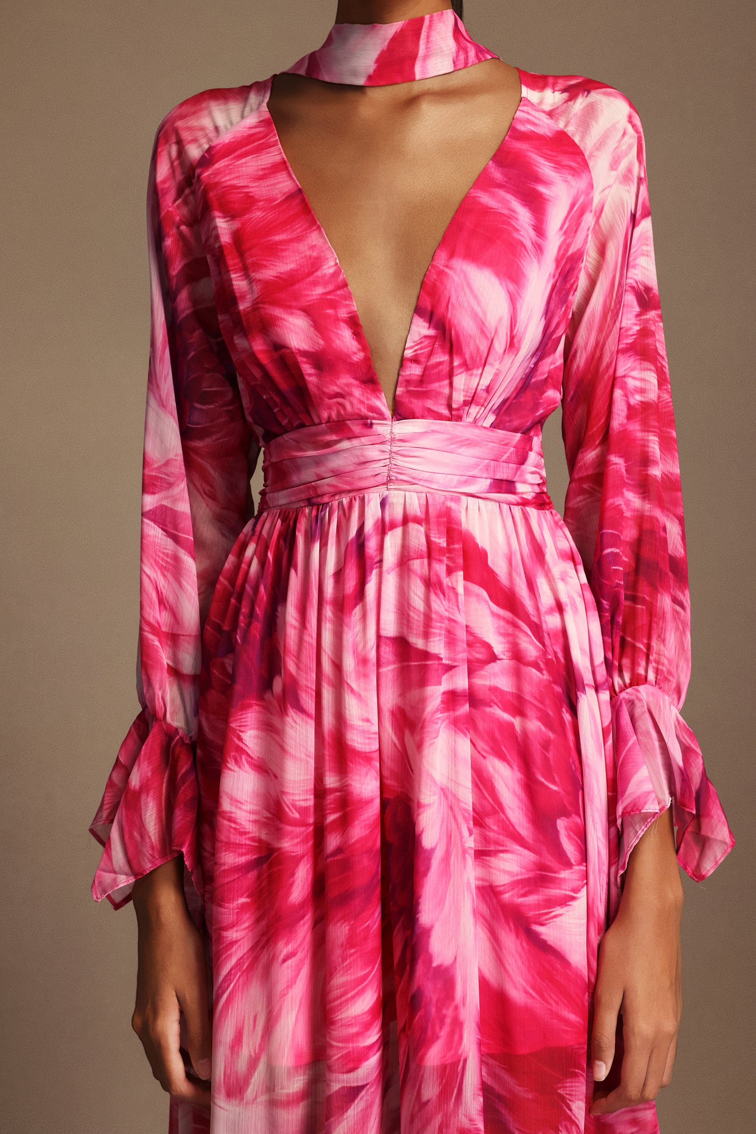 Frida Deep-V Long Sleeves Floral Printed Streamer Maxi Dress