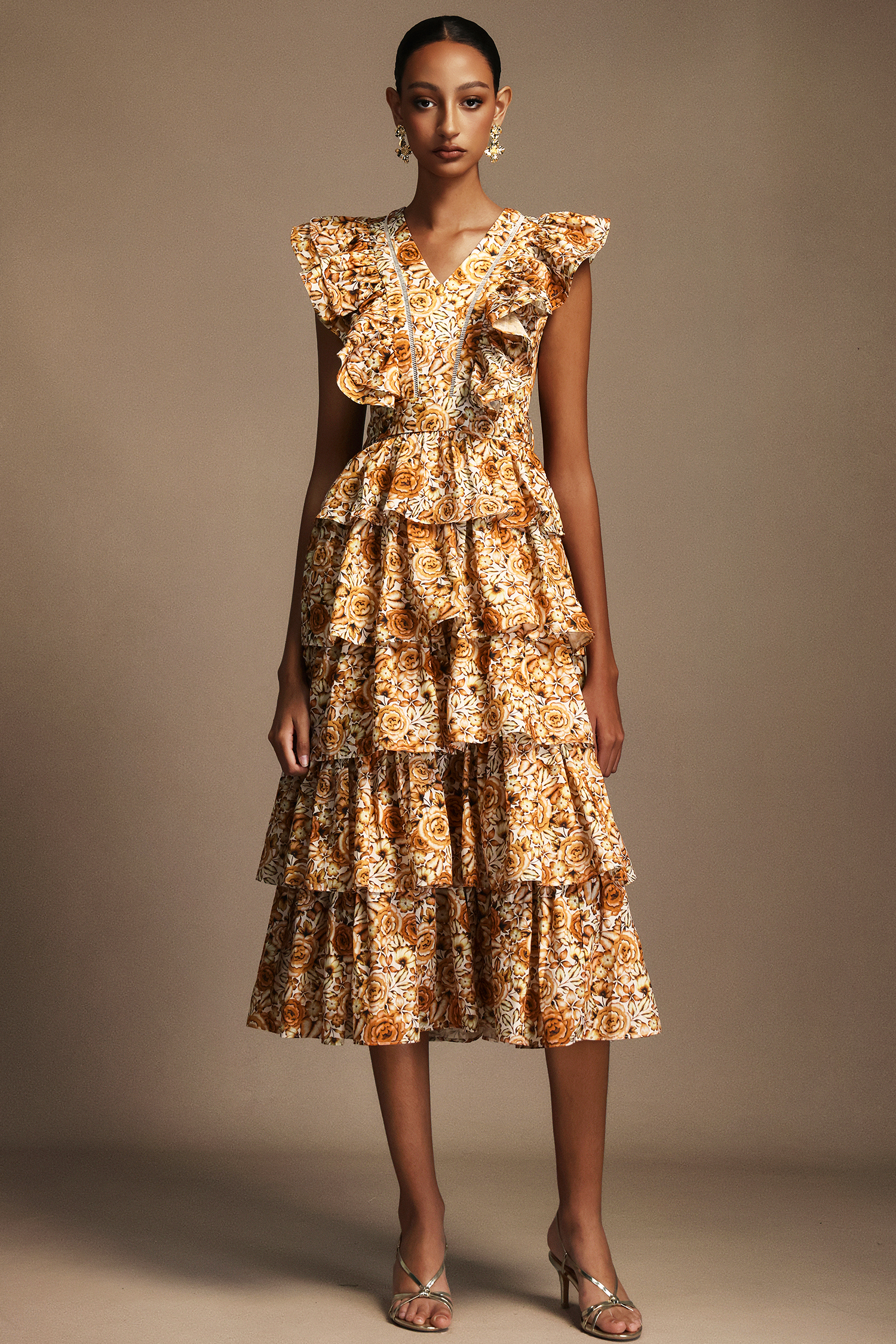 Pippa Sleeveless Floral Printed Layered Folds Maxi Dress