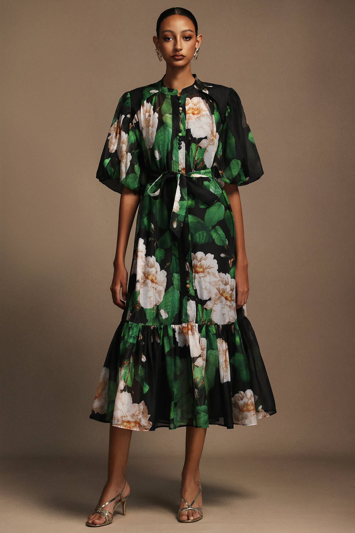 Enya Floral Printed Puff Sleeves Maxi Dress