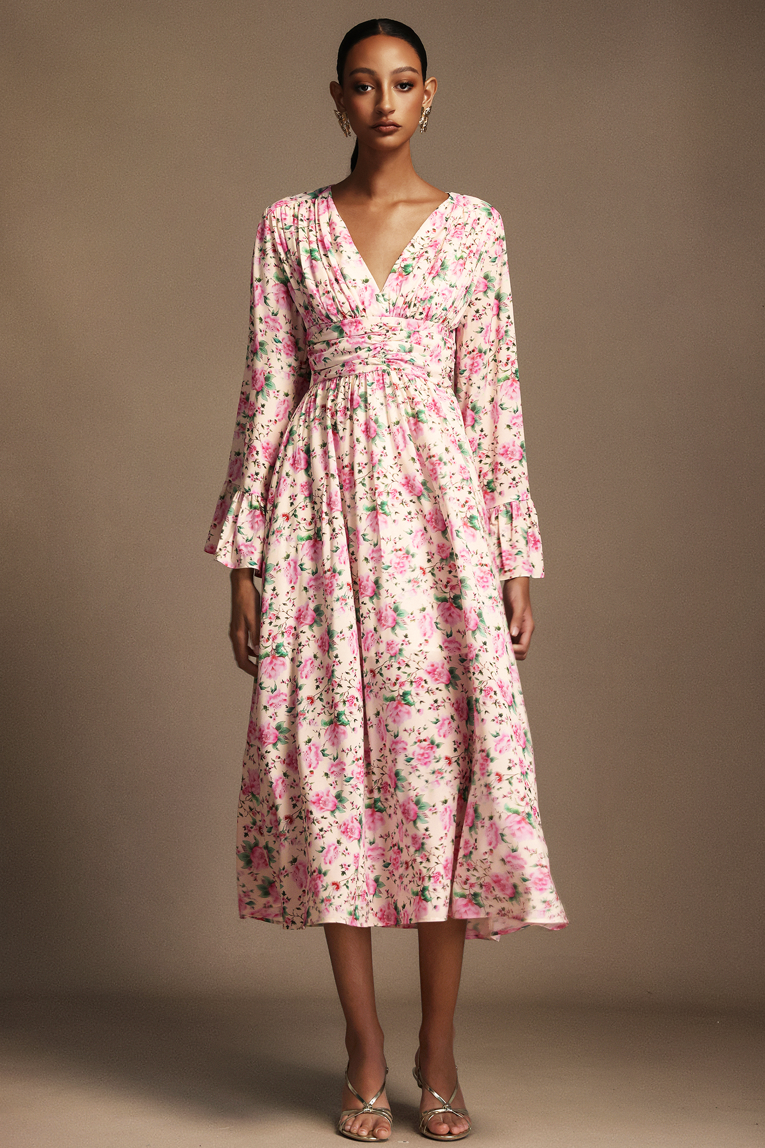 Lexie V-Neck Long Sleeves Floral Printed Midi Dress