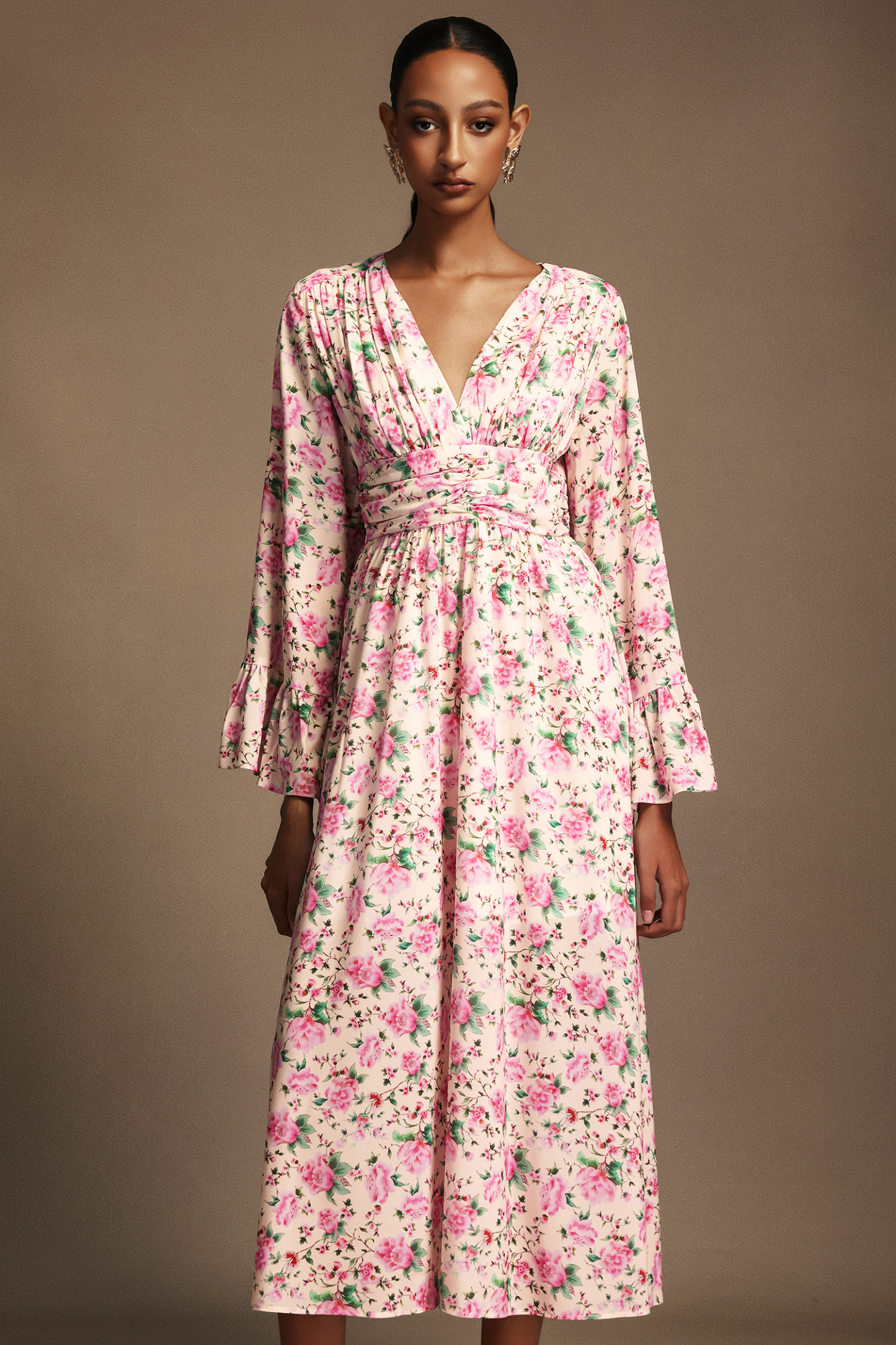 Lexie V-Neck Long Sleeves Floral Printed Midi Dress