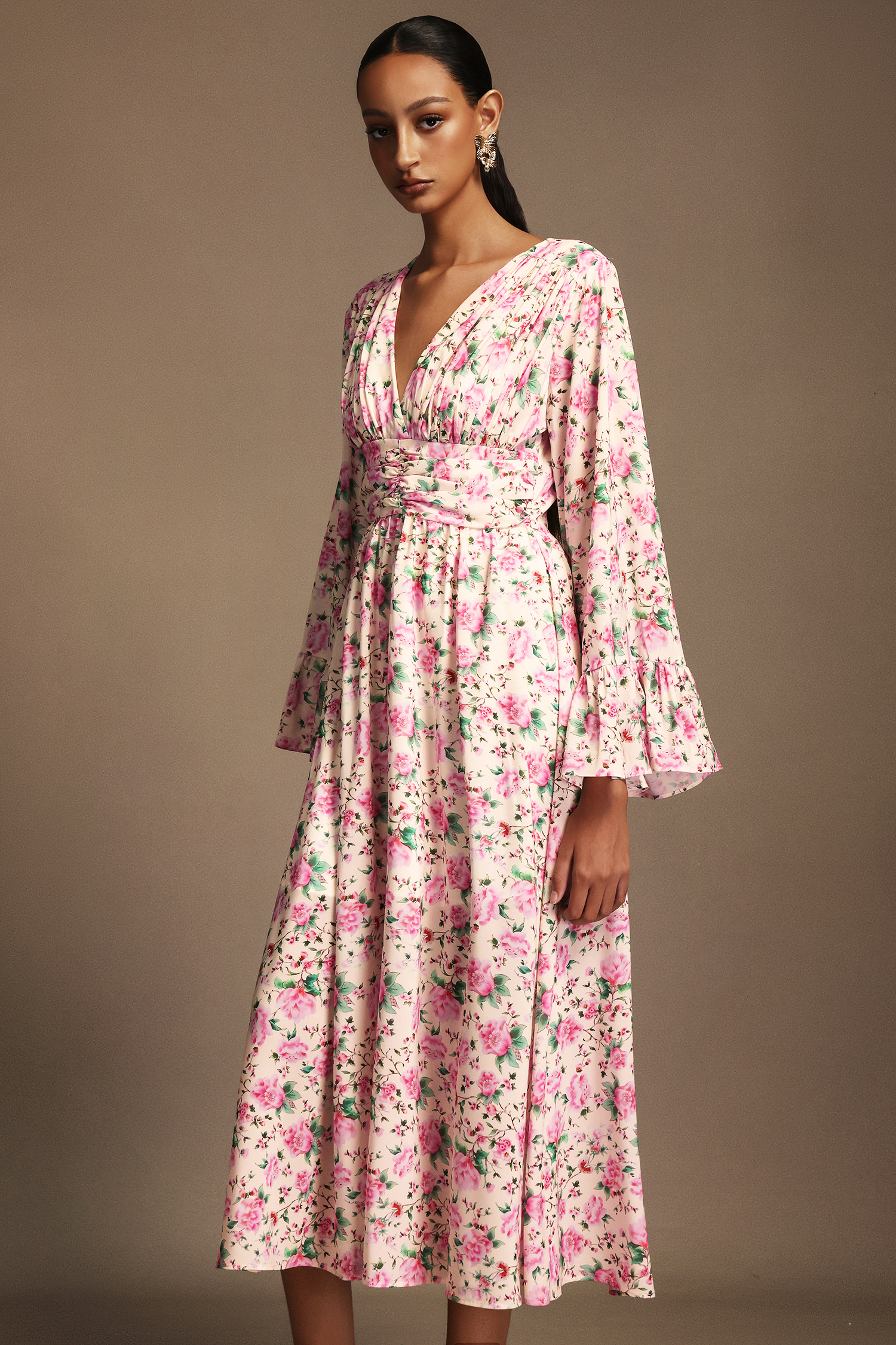 Lexie V-Neck Long Sleeves Floral Printed Midi Dress