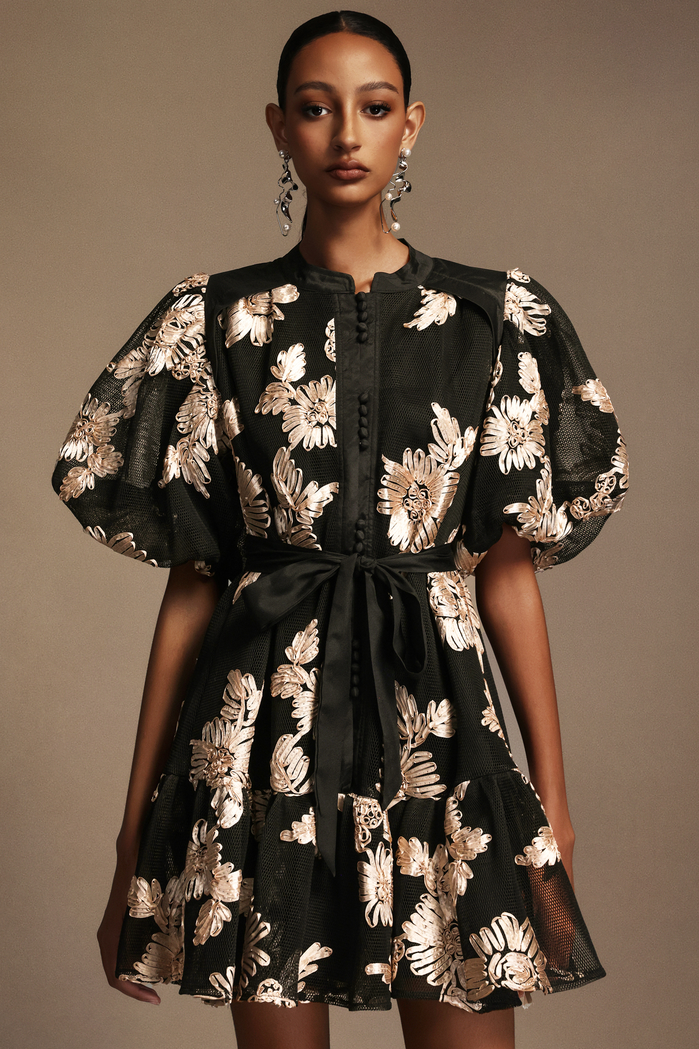 Gilian Short Sleeves Embroidery Flowers Mini Dress