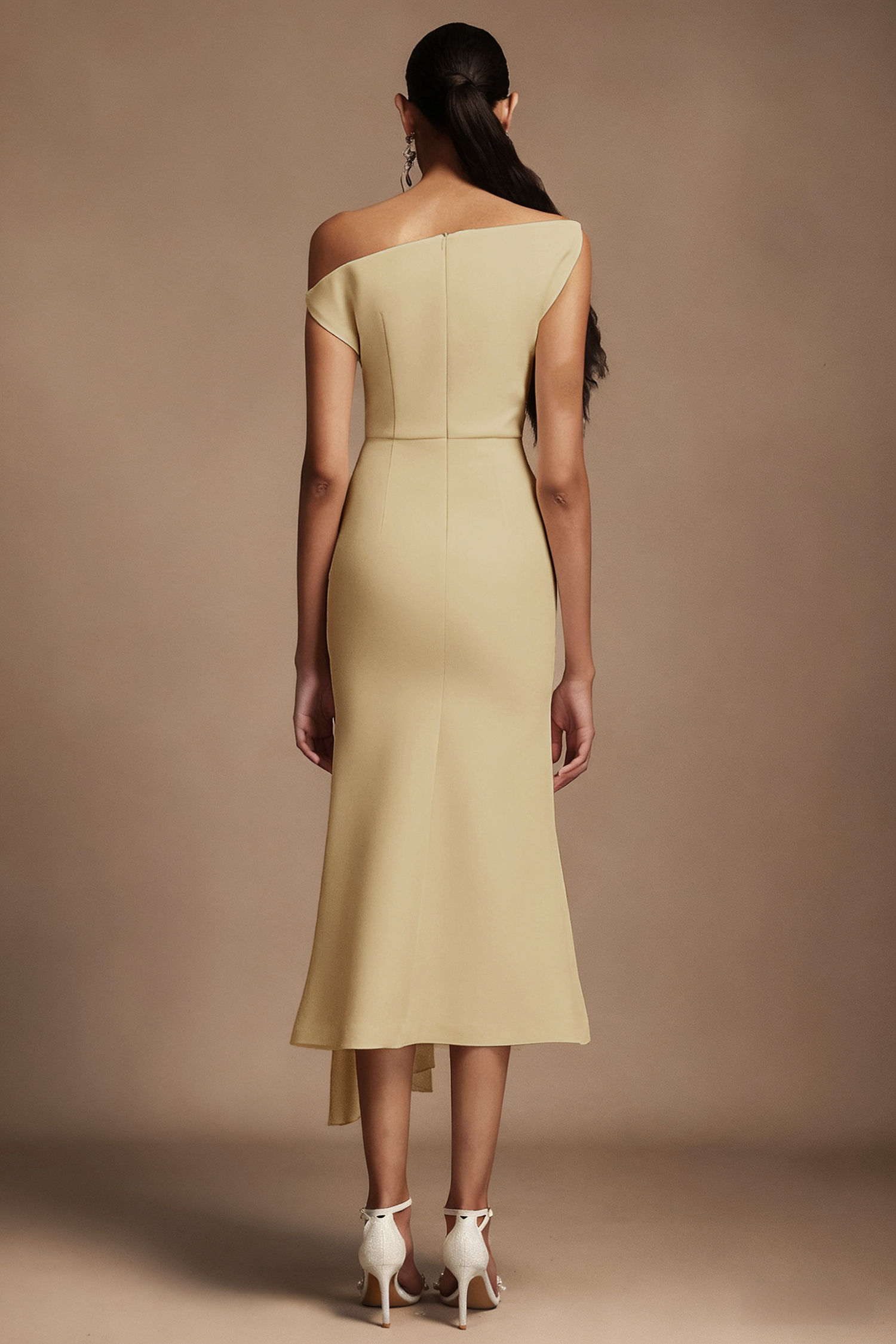 Paulina Oblique Shoulder Sleeveless Folds Khaki Midi Dress