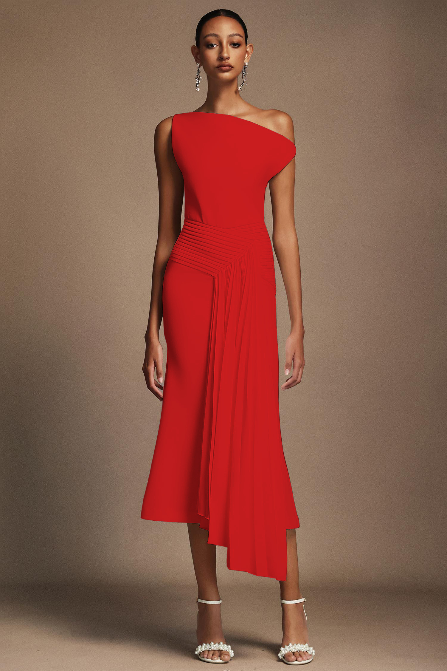 Jillian Oblique Shoulder Sleeveless Folds Midi Dress