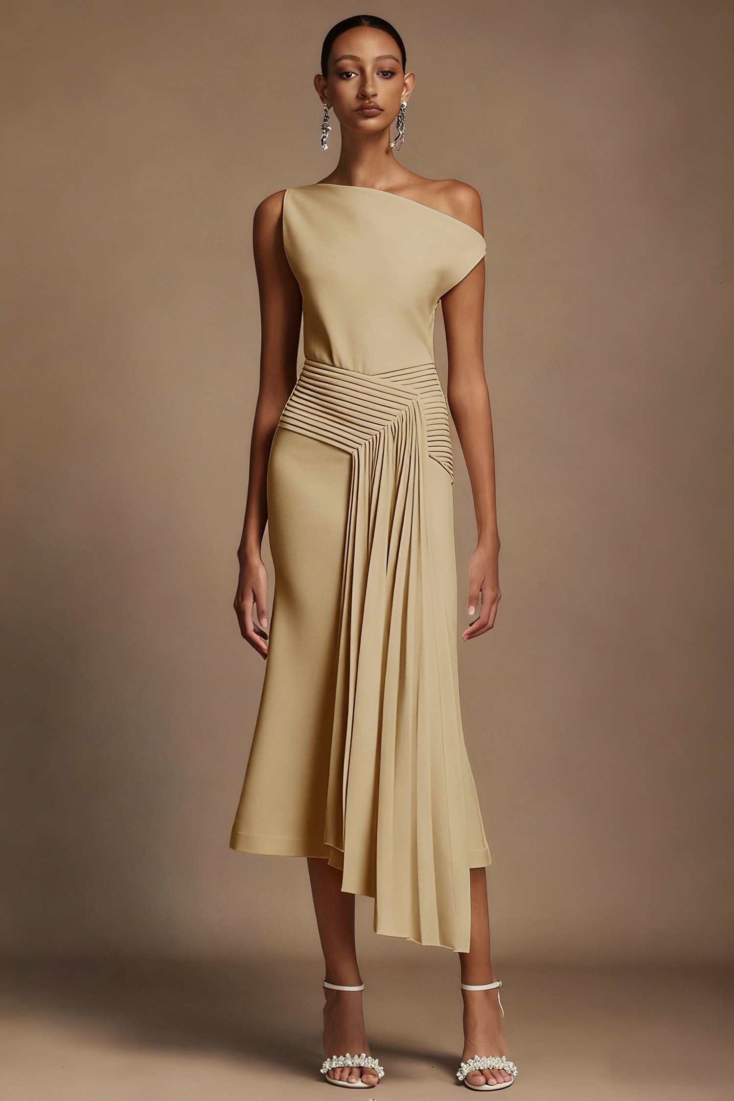 Paulina Oblique Shoulder Sleeveless Folds Khaki Midi Dress