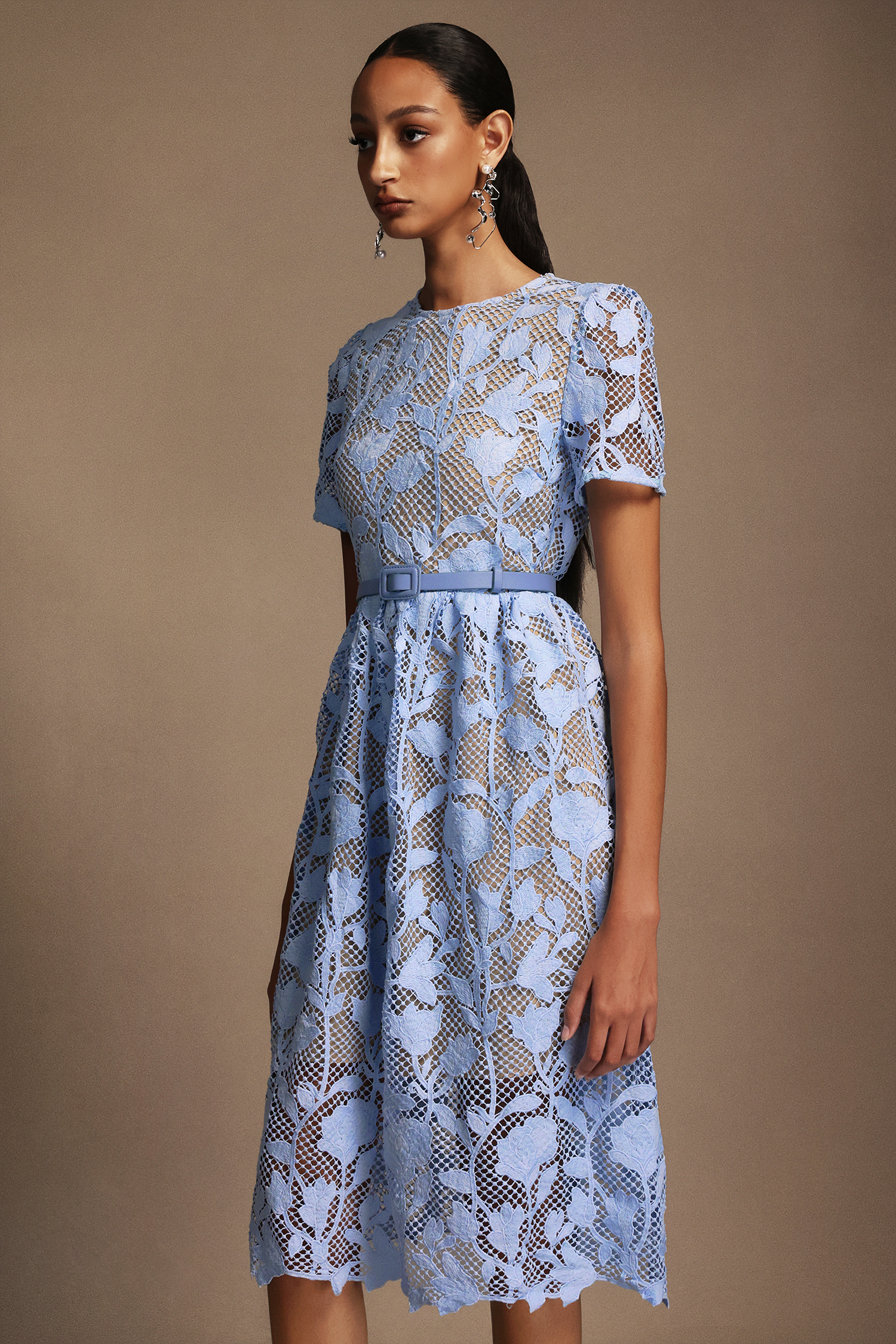 Reye Round Neck Short Sleeves Flowers Lace Midi Dress