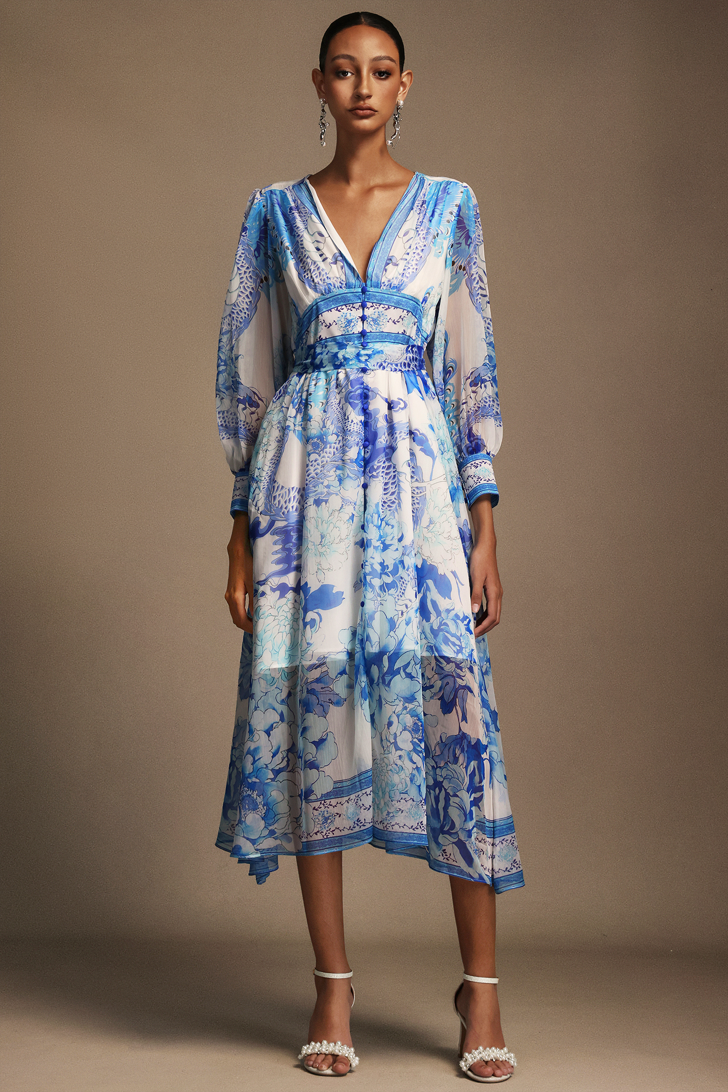 Kiera V-Neck Floral Printed Long Sleeves Maxi Dress