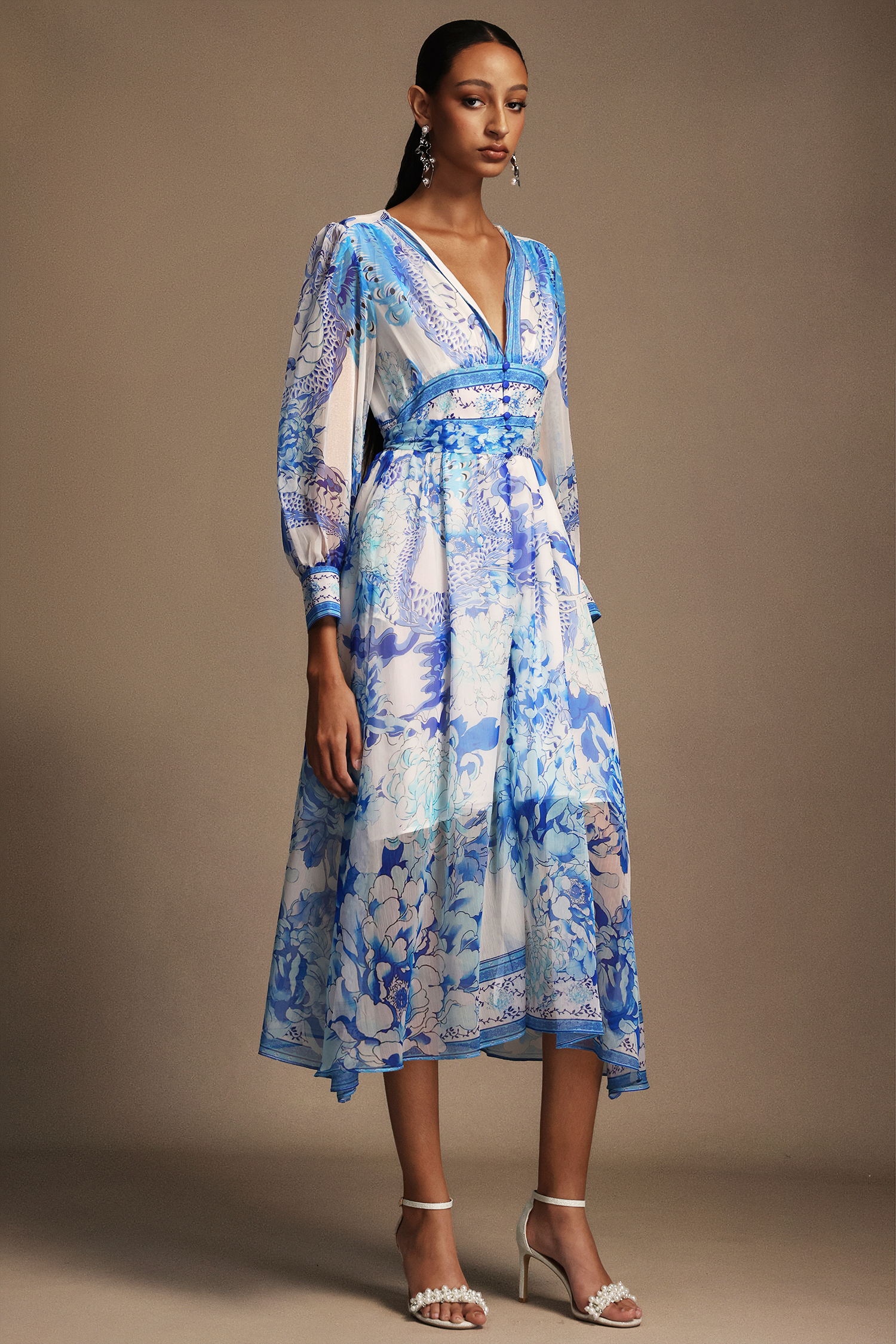 Kiera V-Neck Floral Printed Long Sleeves Maxi Dress