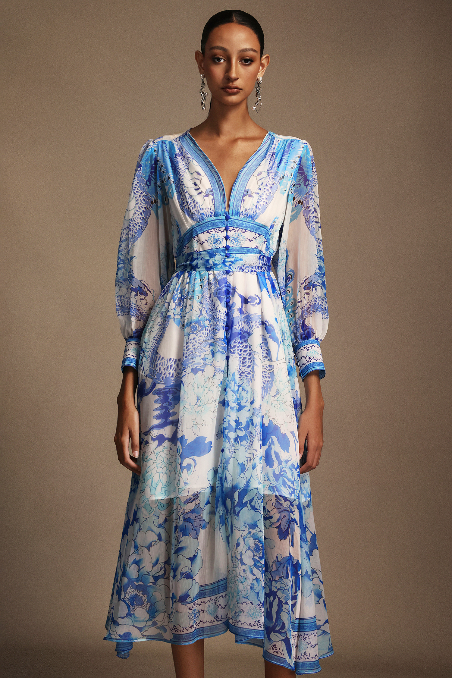 Kiera V-Neck Floral Printed Long Sleeves Maxi Dress