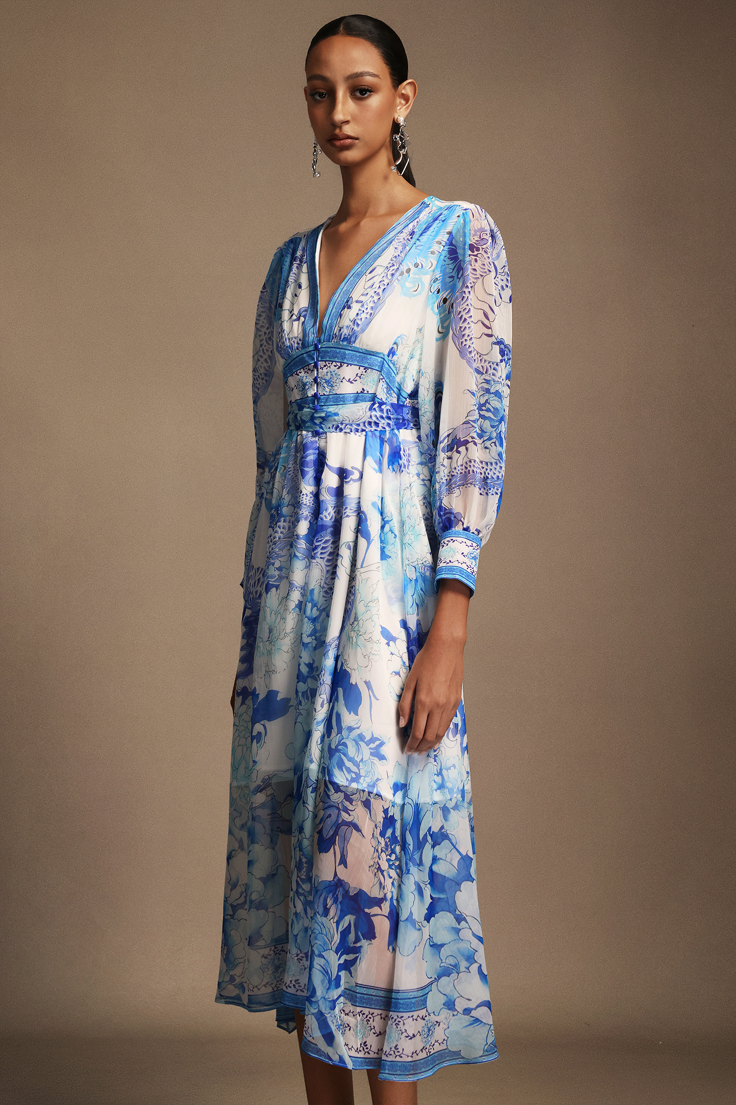 Kiera V-Neck Floral Printed Long Sleeves Maxi Dress