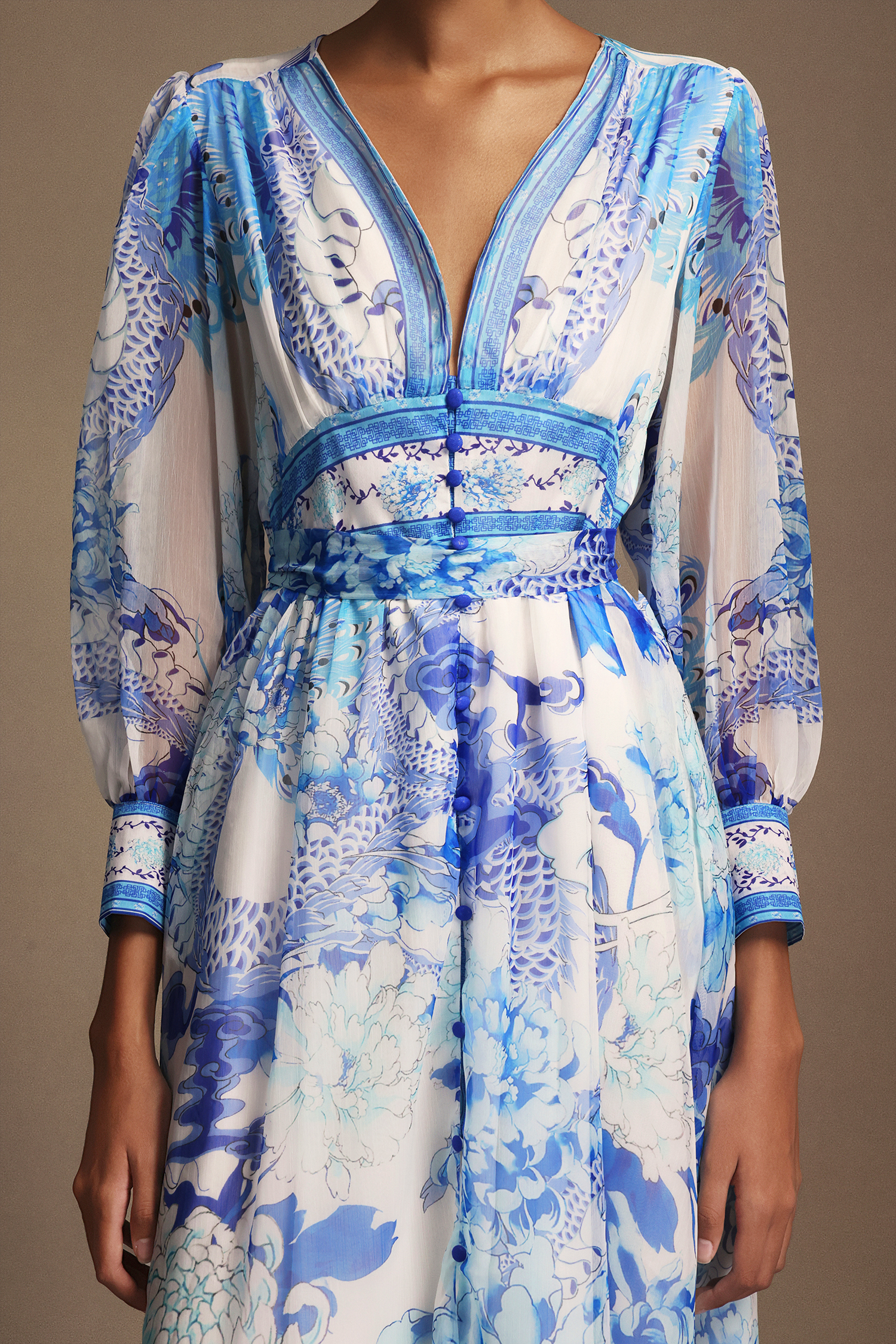 Kiera V-Neck Floral Printed Long Sleeves Maxi Dress