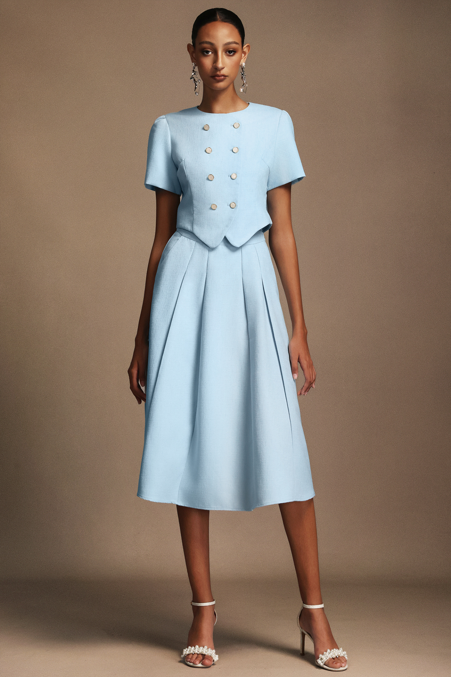 Katrina Round Neck Puff Sleeves Top And Skirt Two-Piece Set