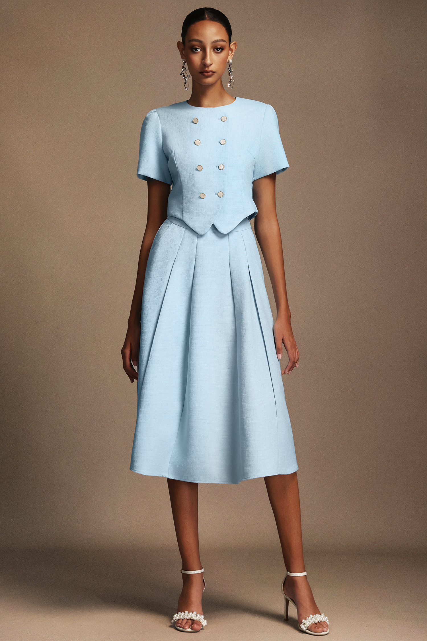 Katrina Round Neck Puff Sleeves Top And Skirt Two-Piece Set