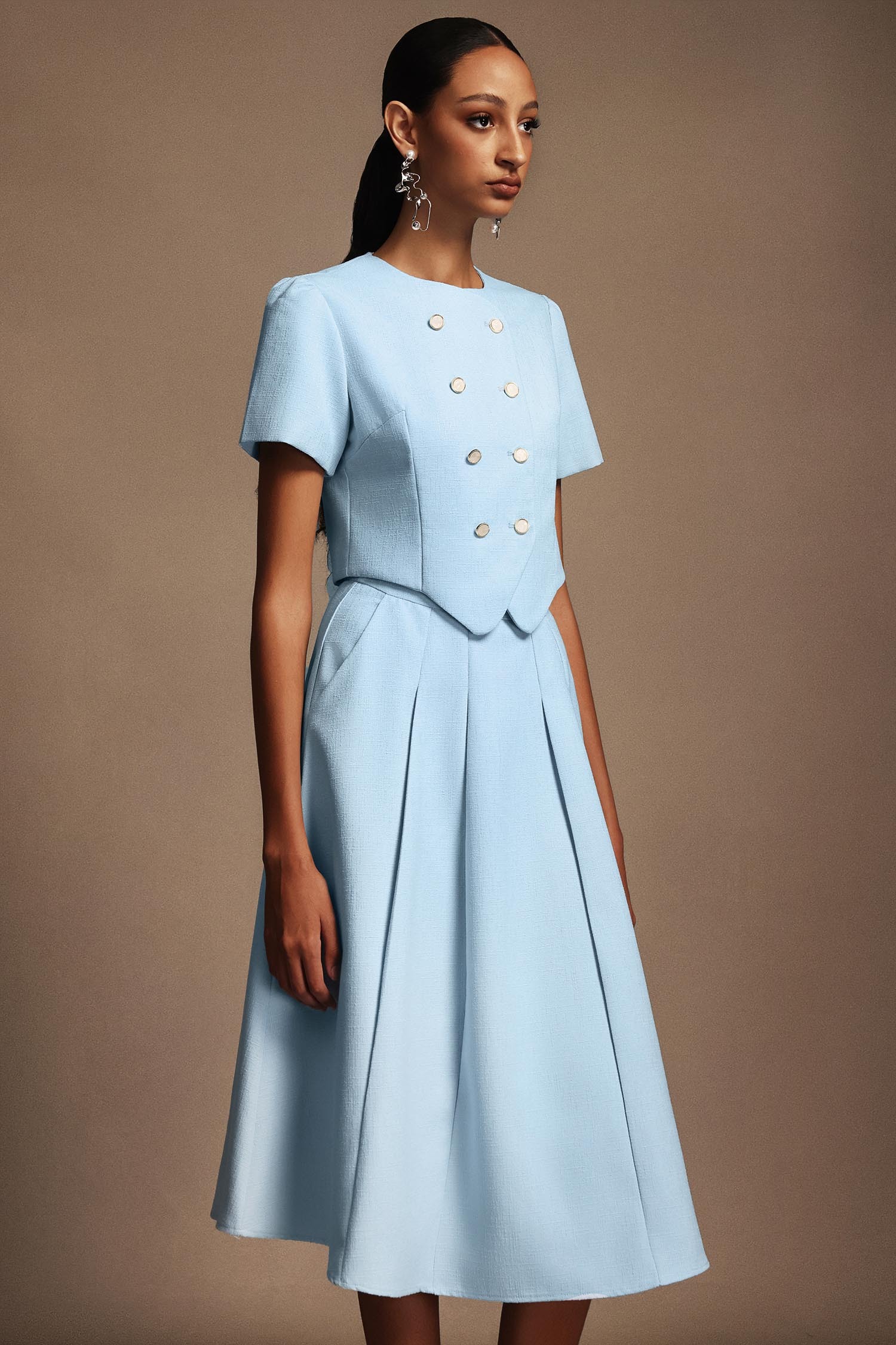 Katrina Round Neck Puff Sleeves Top And Skirt Two-Piece Set