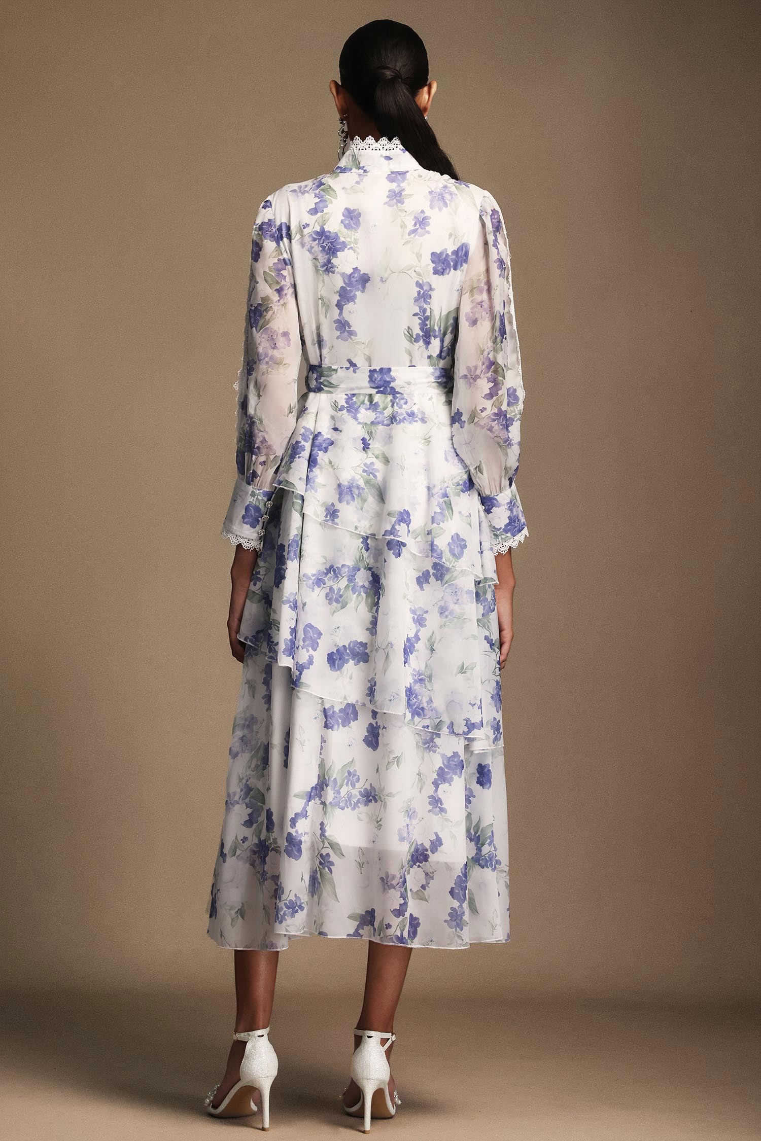 Salita Long Sleeves Floral Printed Lace Asymmetric Midi Dress