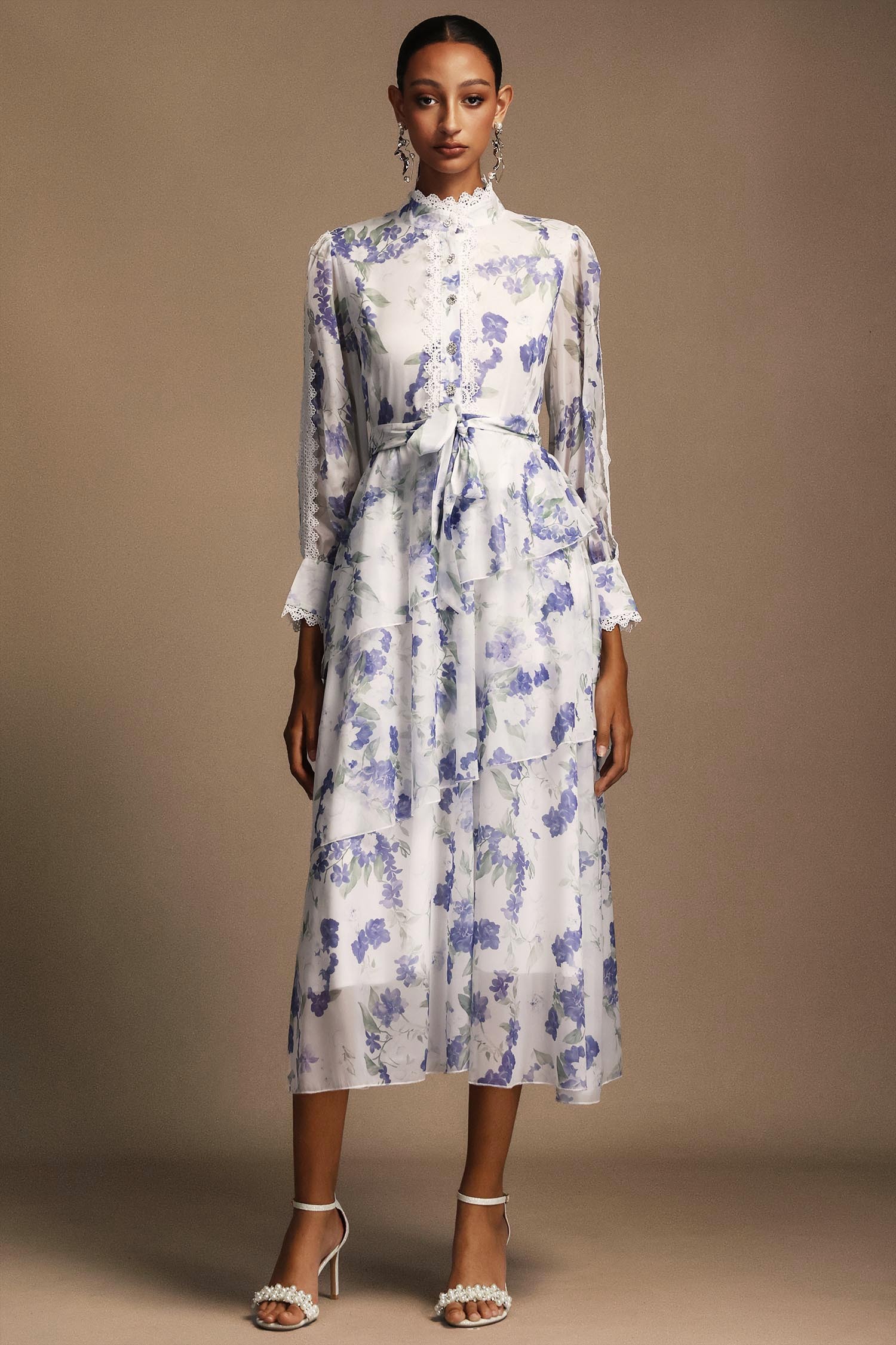 Salita Long Sleeves Floral Printed Lace Asymmetric Midi Dress