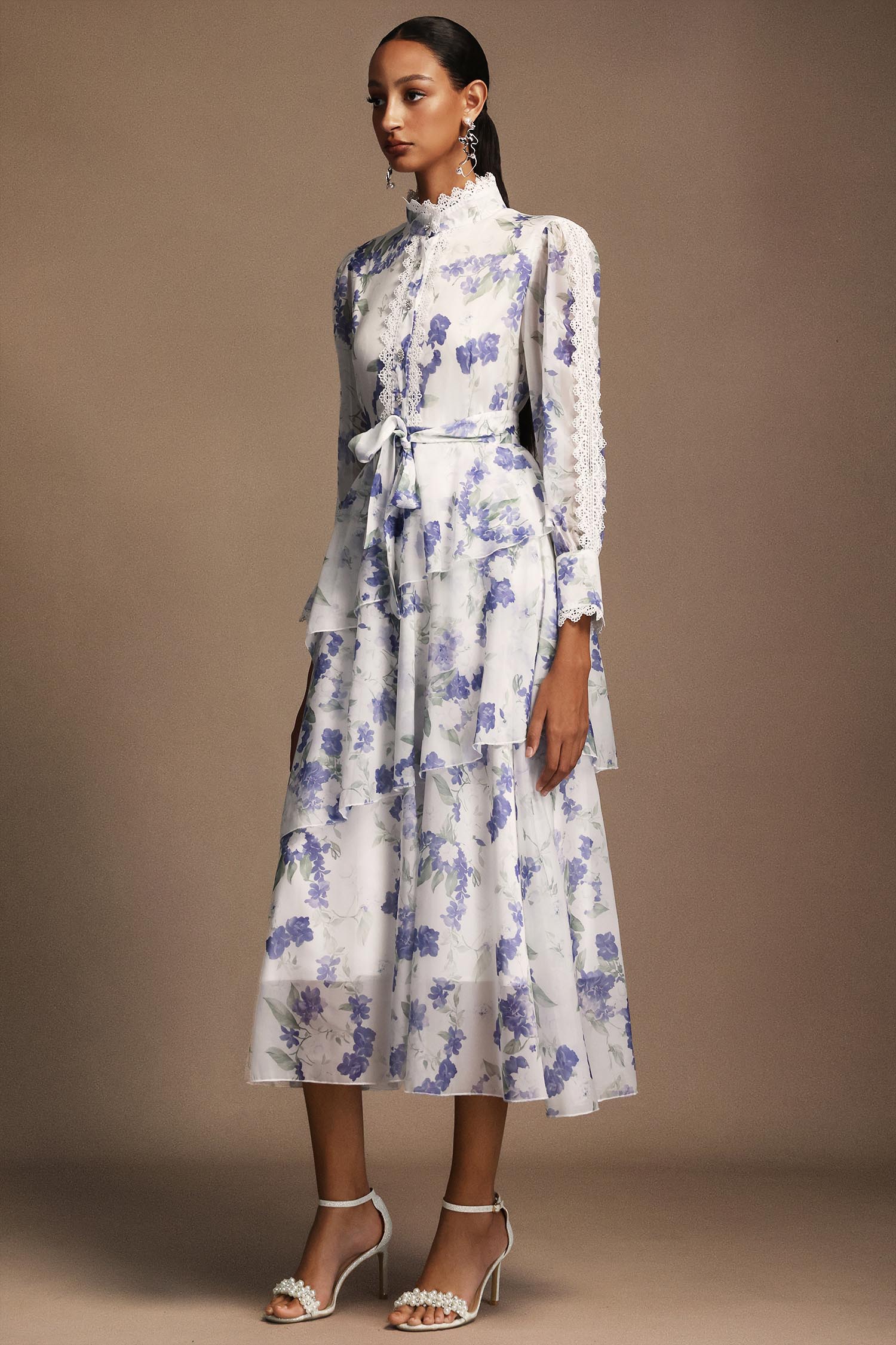 Salita Long Sleeves Floral Printed Lace Asymmetric Midi Dress