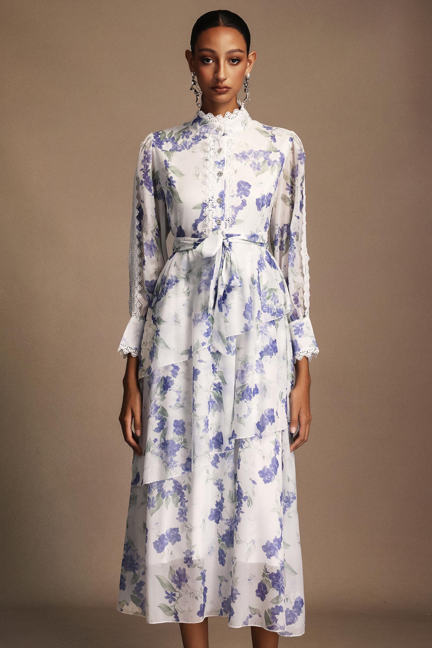 Salita Long Sleeves Floral Printed Lace Asymmetric Midi Dress