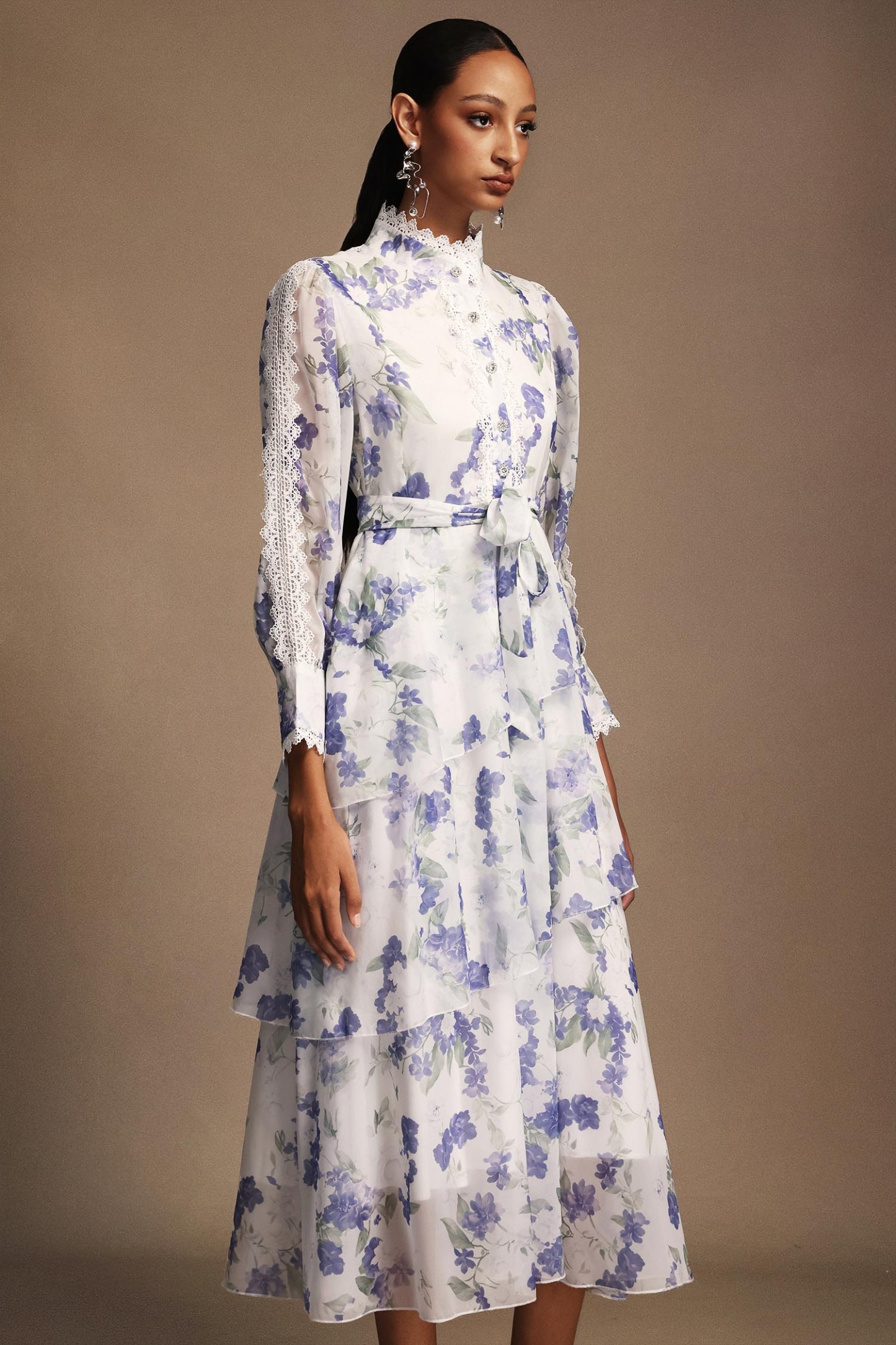 Salita Long Sleeves Floral Printed Lace Asymmetric Midi Dress