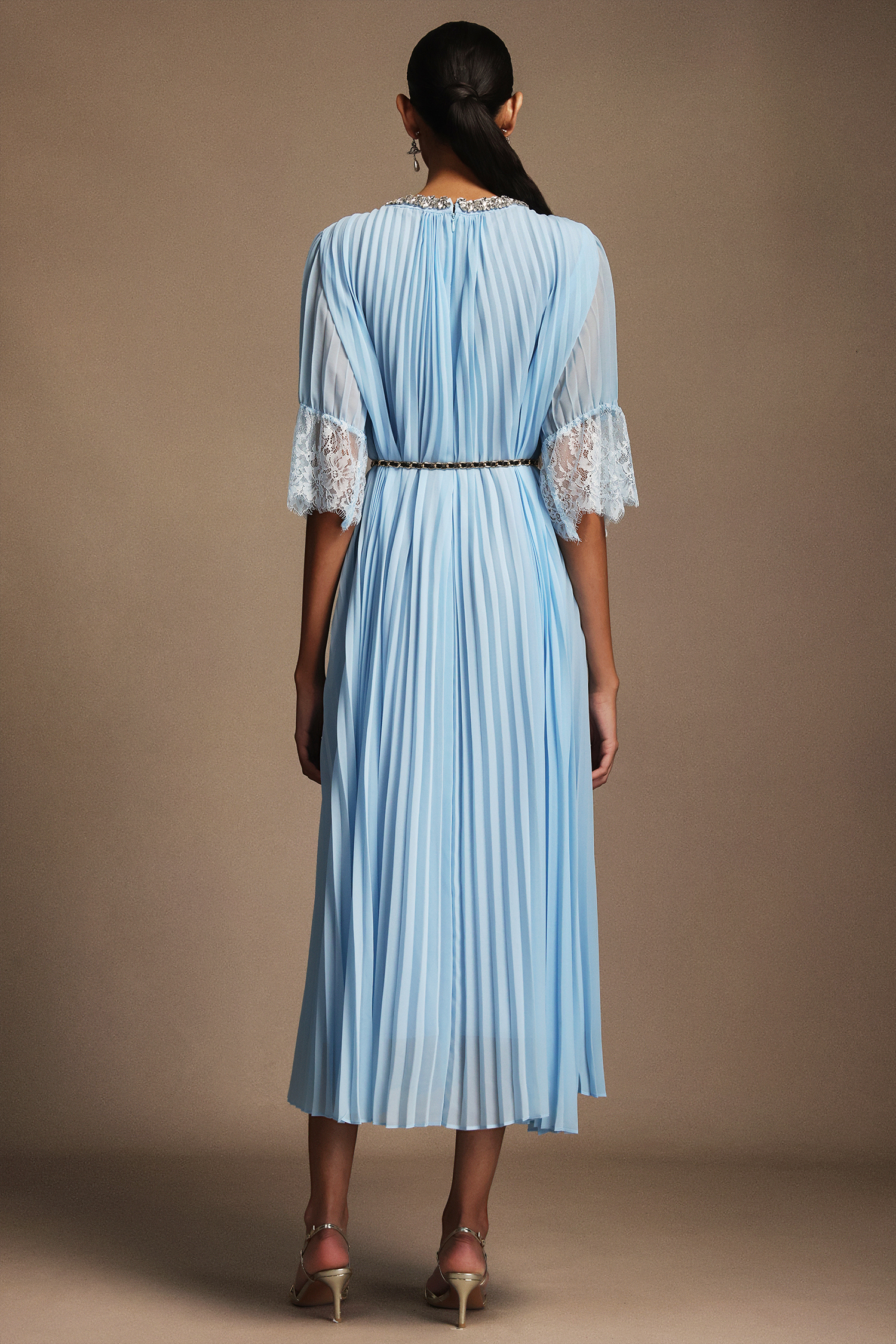 Tada Long Sleeves Lace Diamond Folds Midi Dress
