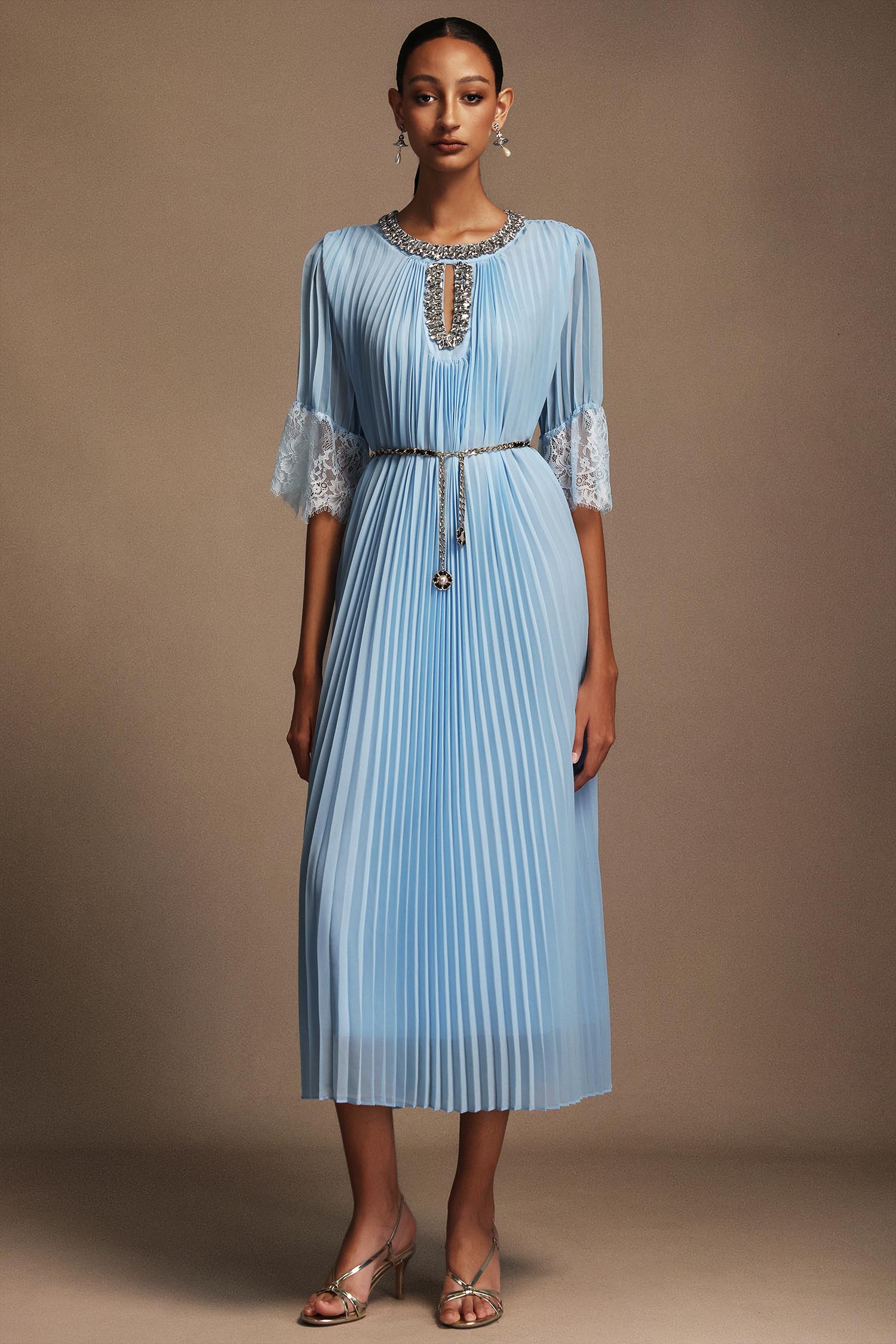Tada Long Sleeves Lace Diamond Folds Midi Dress