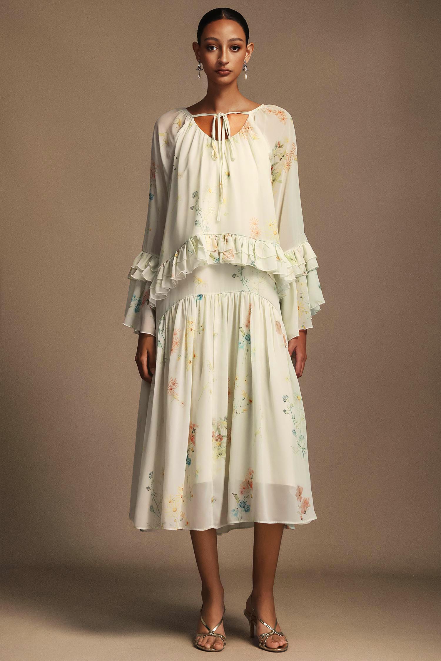 Tasanee Long Sleeves Floral Printed Top And Skirt Two-Piece Set