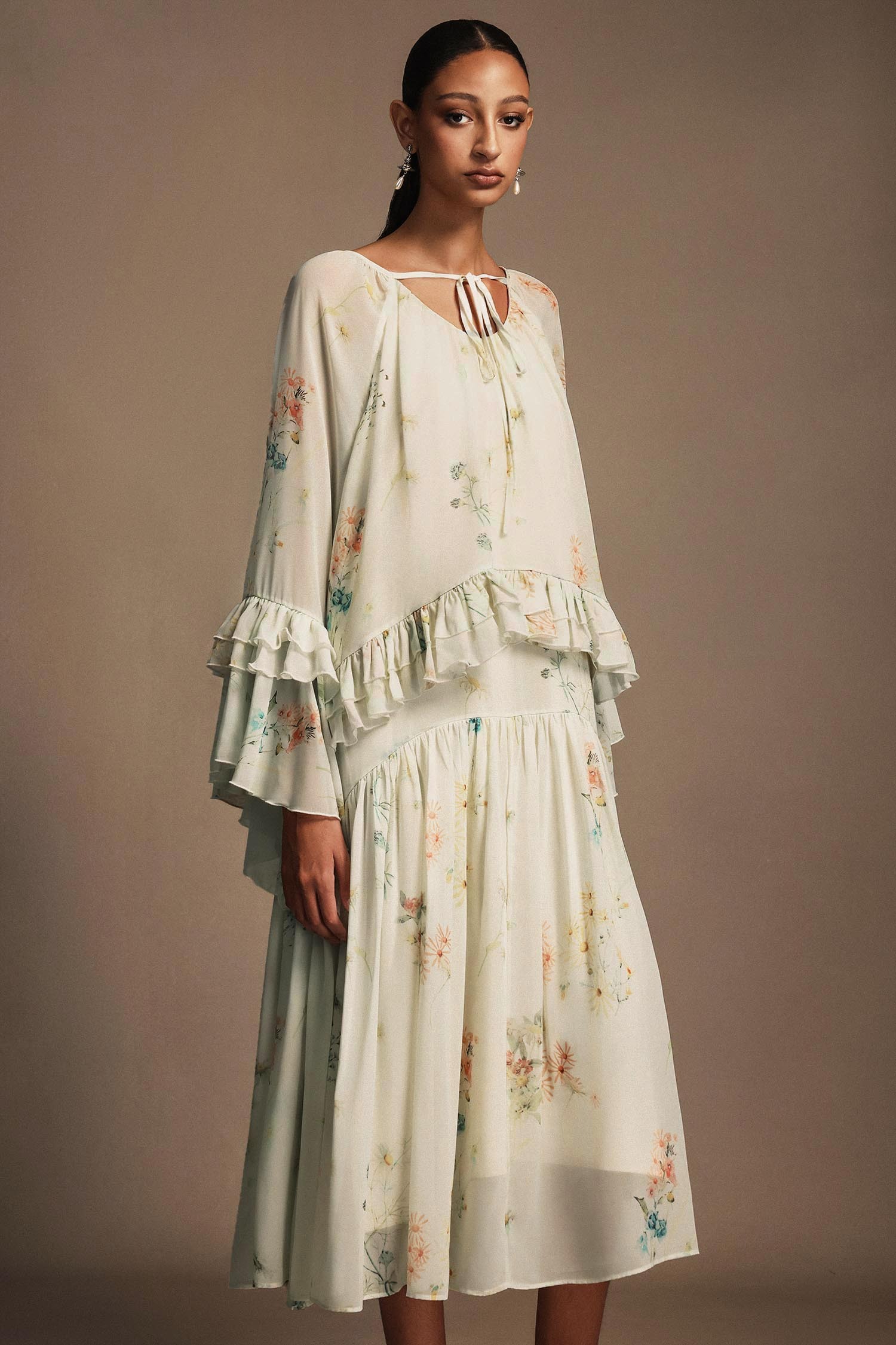 Tasanee Long Sleeves Floral Printed Top And Skirt Two-Piece Set